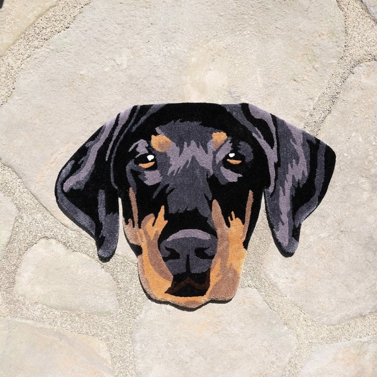 Custom portrait rug featuring a doberman dog design