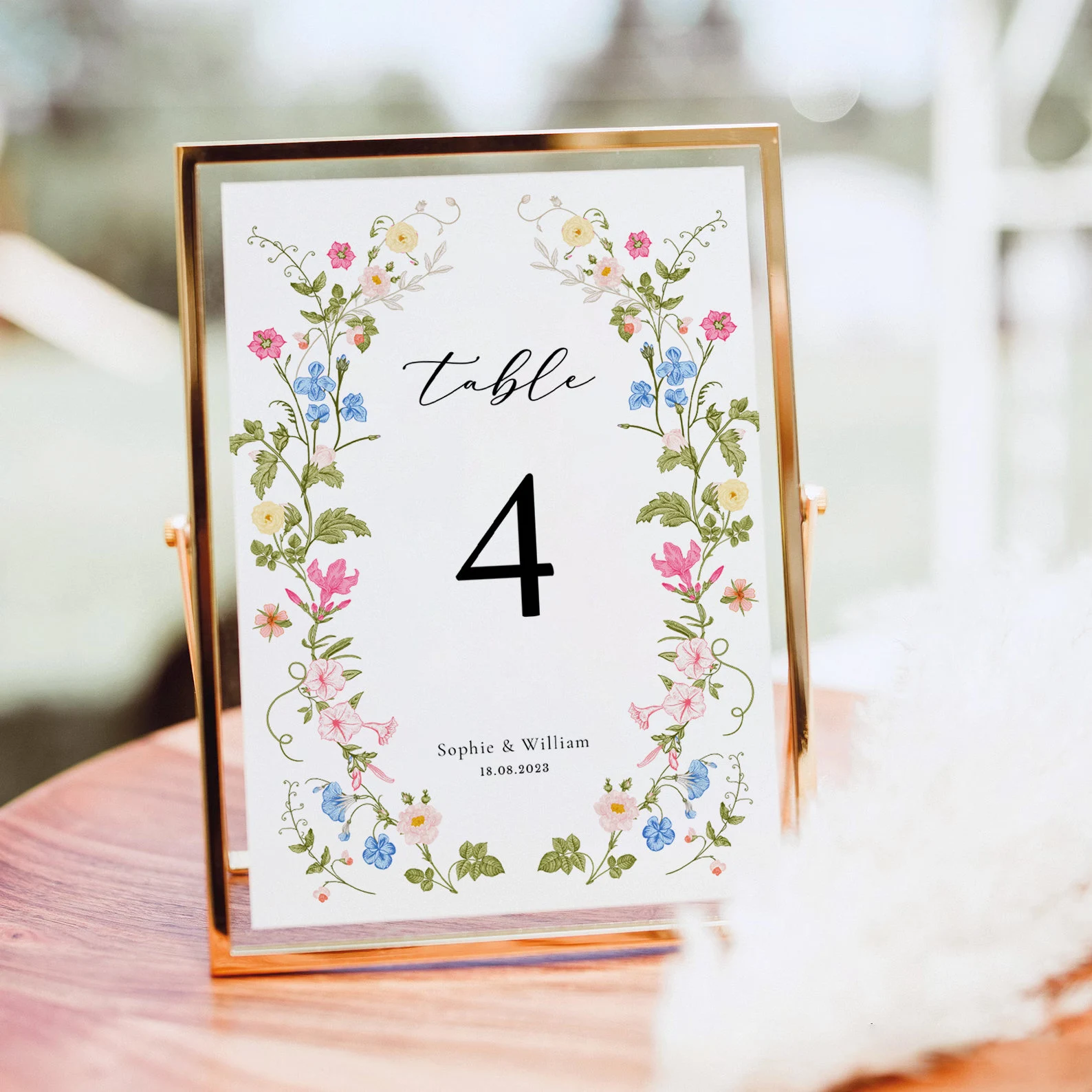 Personalized floral wedding table number with custom names and date