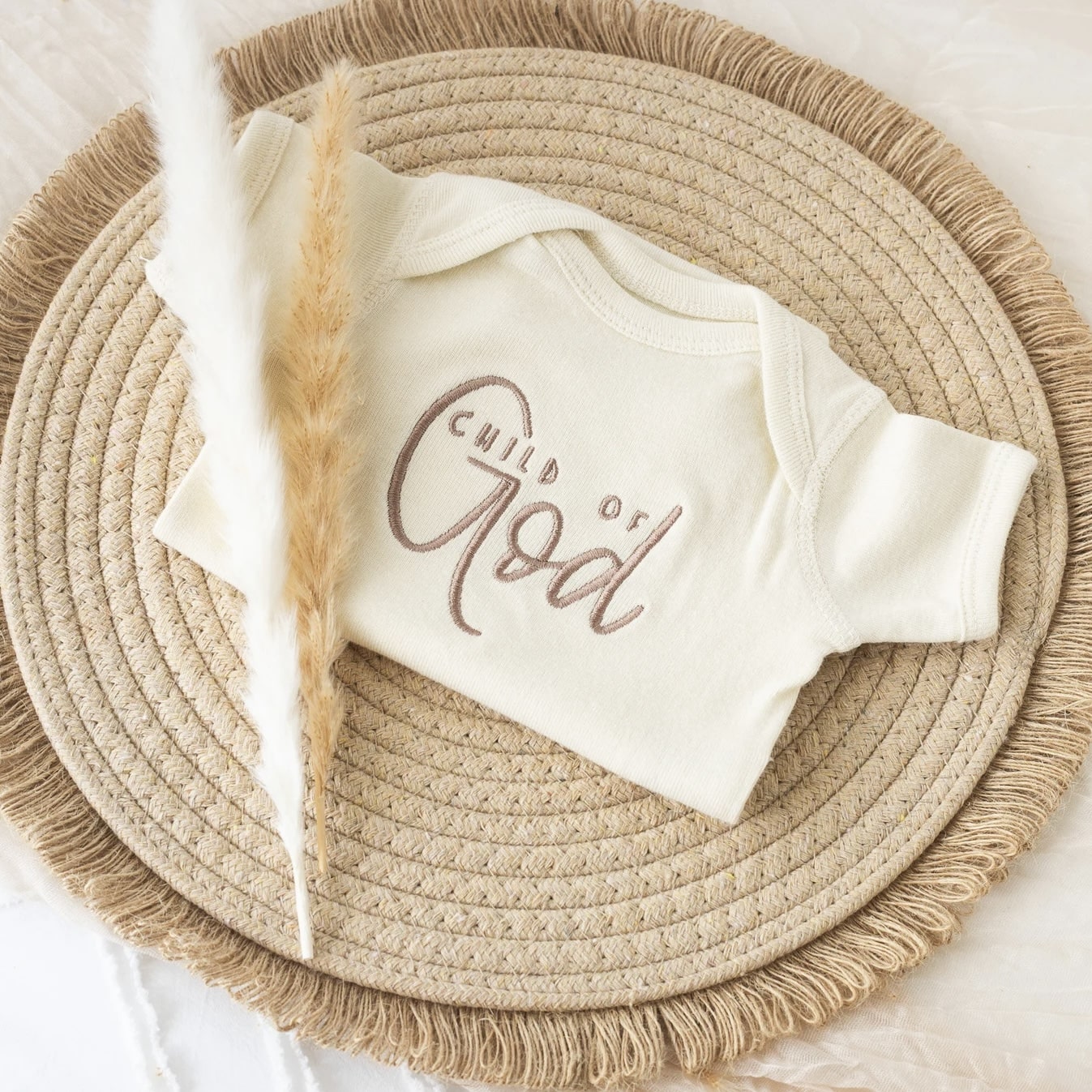 Embroidered 'Child of God' Baby Onesie with Pampas Grass