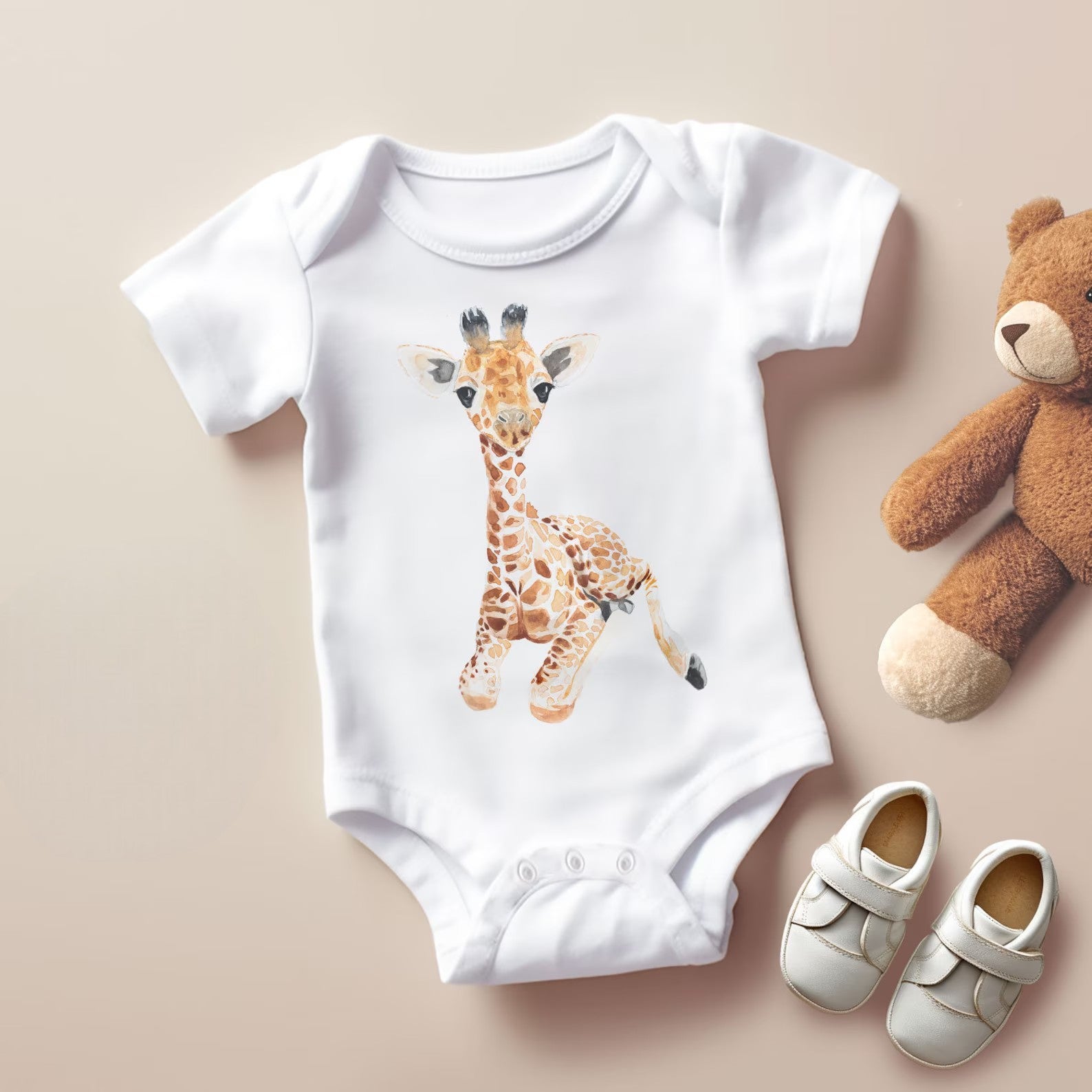 Watercolor giraffe print on 'Giraffe Joy' baby onesie