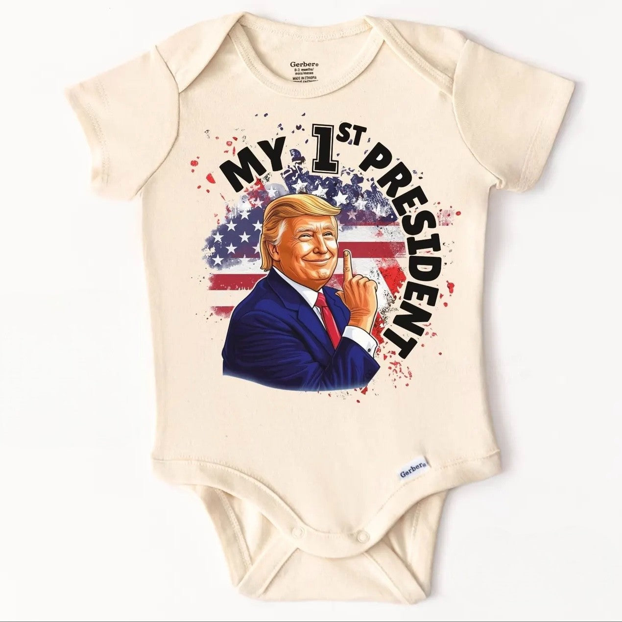 Patriotic 'My 1st President' baby onesie with American flag