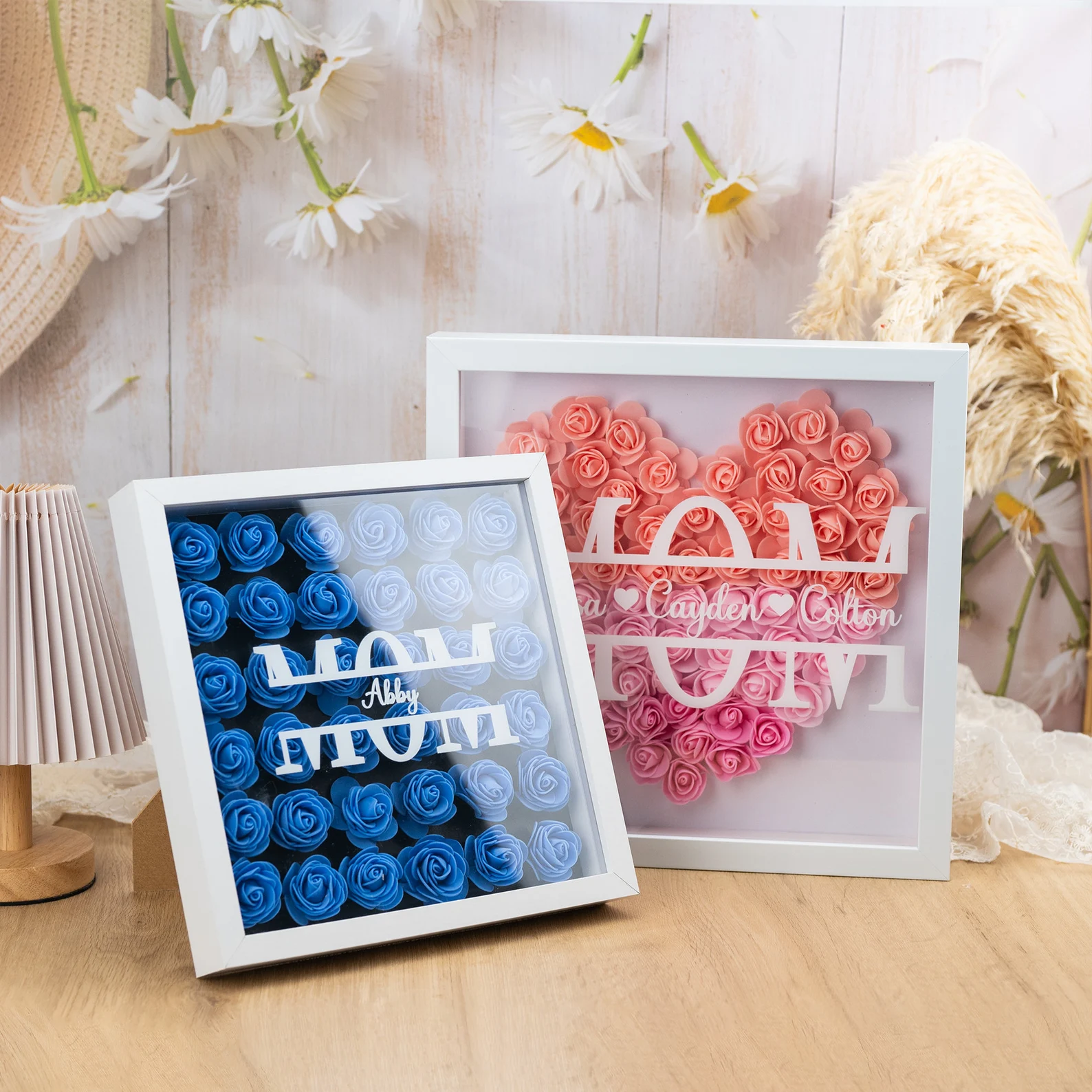 Elegant heart-shaped flower frame with customizable names