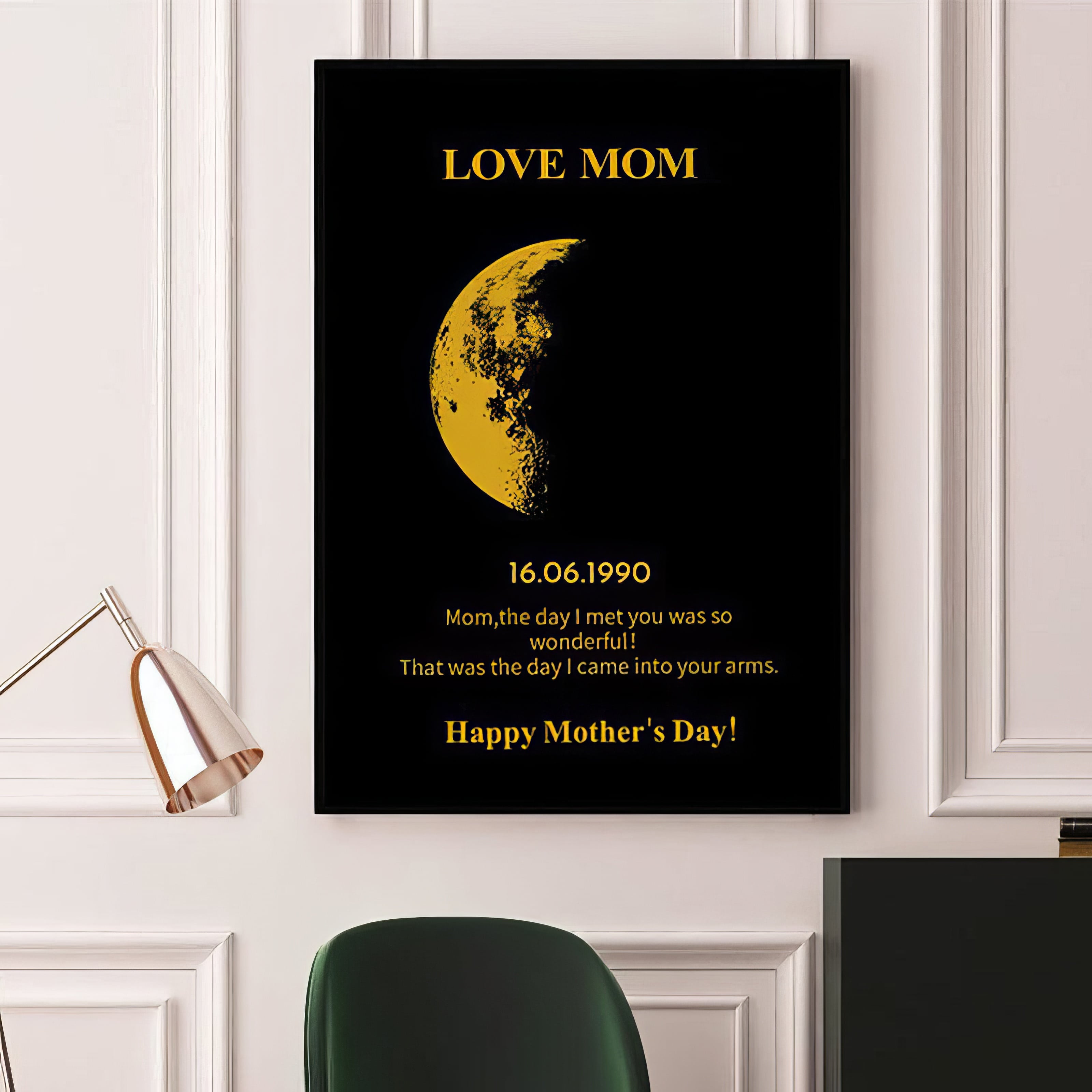 Personalized photo frame featuring the moon phase on a significant date with custom text