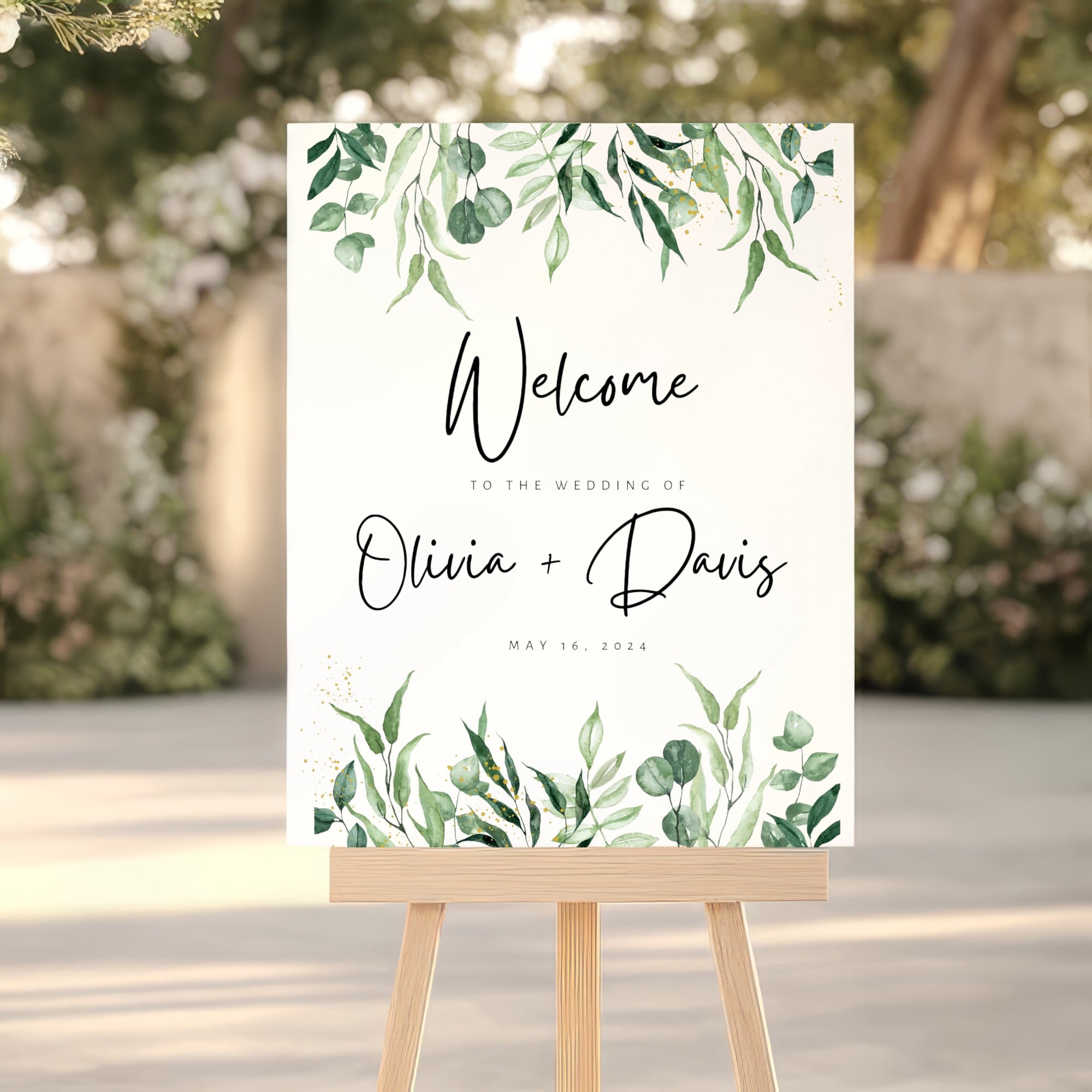 Wedding Sign Featuring Lush Greenery and Personalized Message