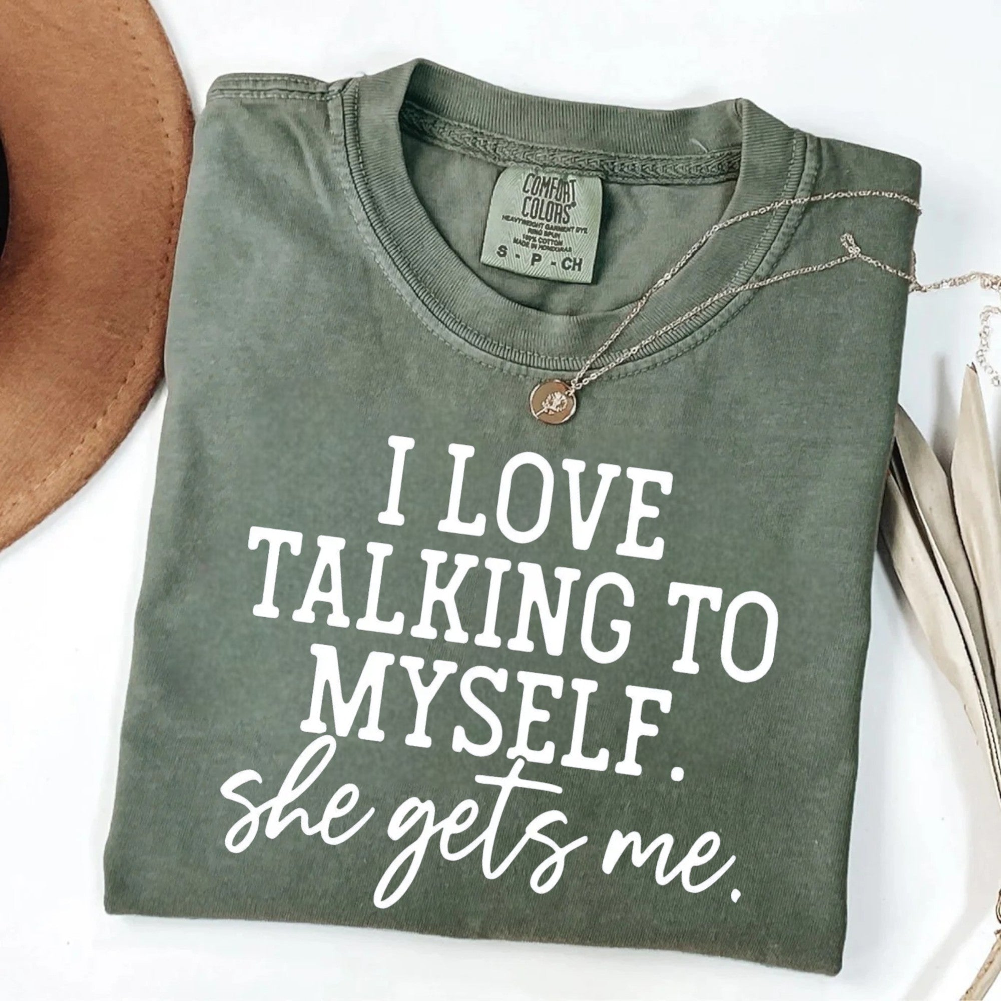 Olive green unisex pullover with witty self-care statement