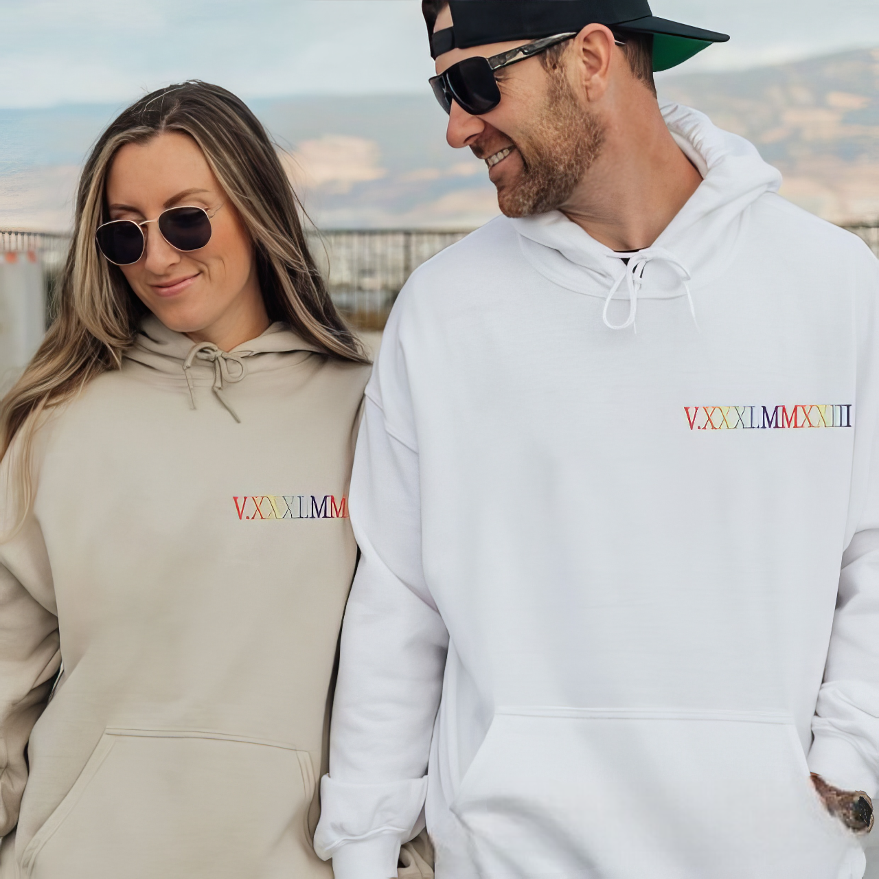 Matching Couple Hoodies - Rainbow Roman Numeral Custom Embroidered Couples Matching Hoodies