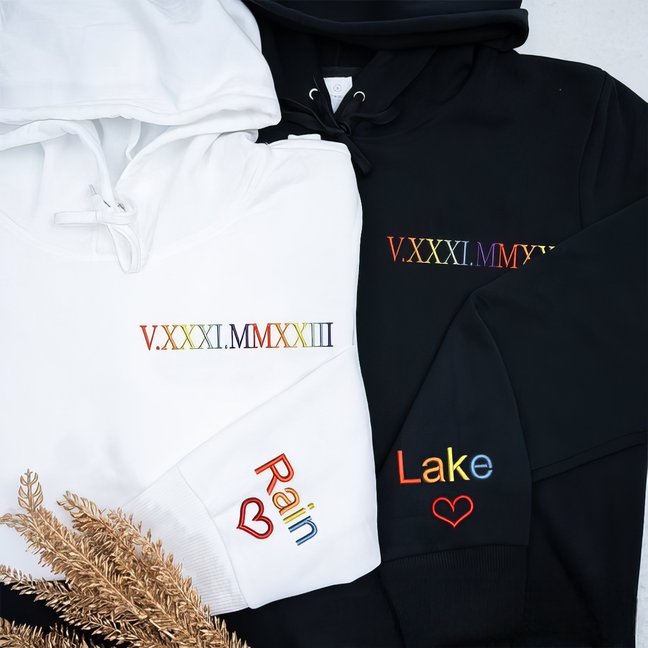 Matching Couple Hoodies - Rainbow Roman Numeral Custom Embroidered custom couple hoodies