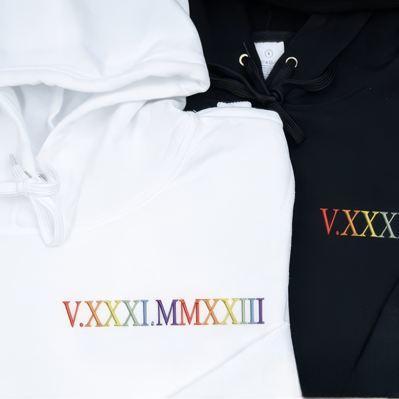 Matching Couple Hoodies - Rainbow Roman Numeral Custom Embroidered matching couple sweatshirts