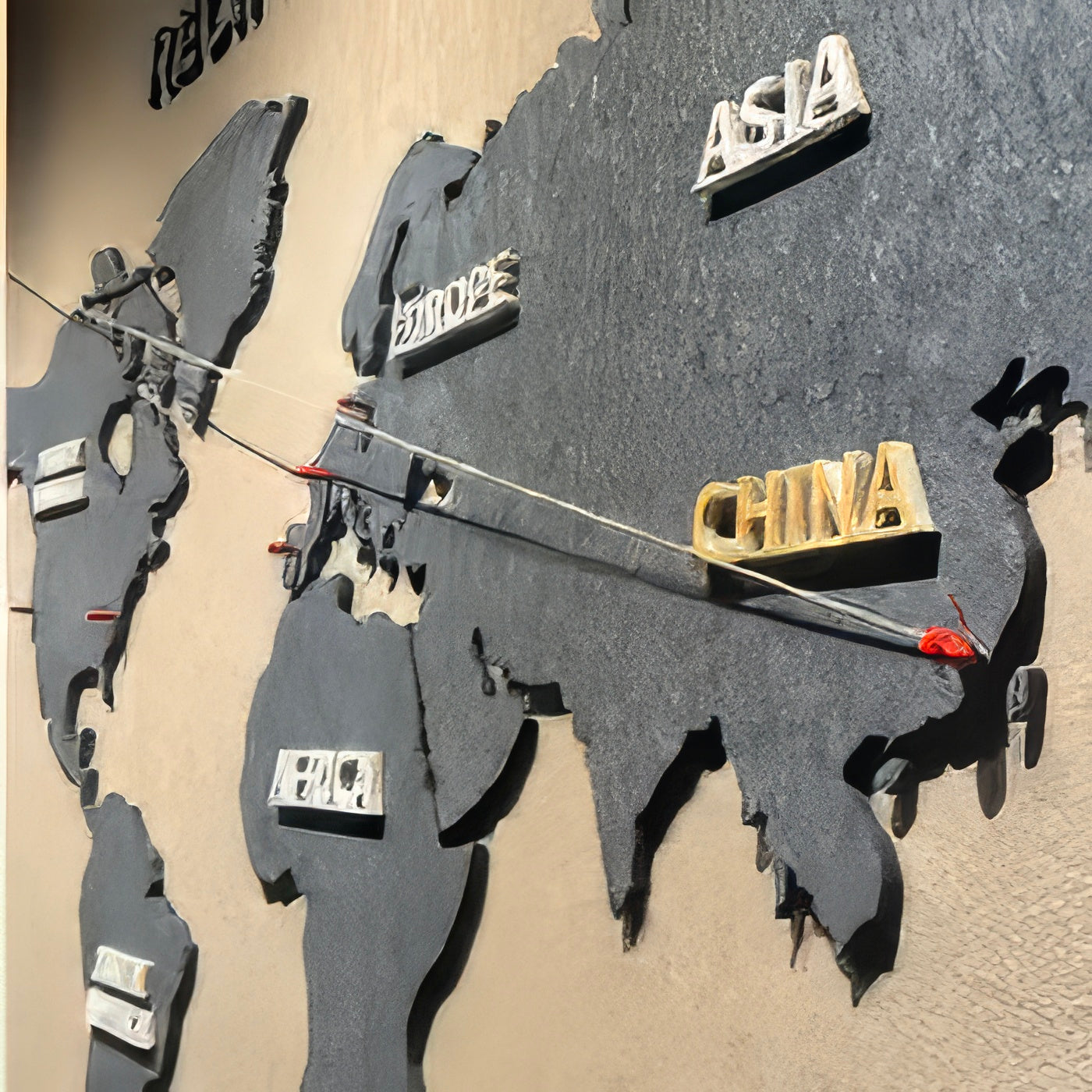 Interactive world map with string and clothespins for attaching travel photos.