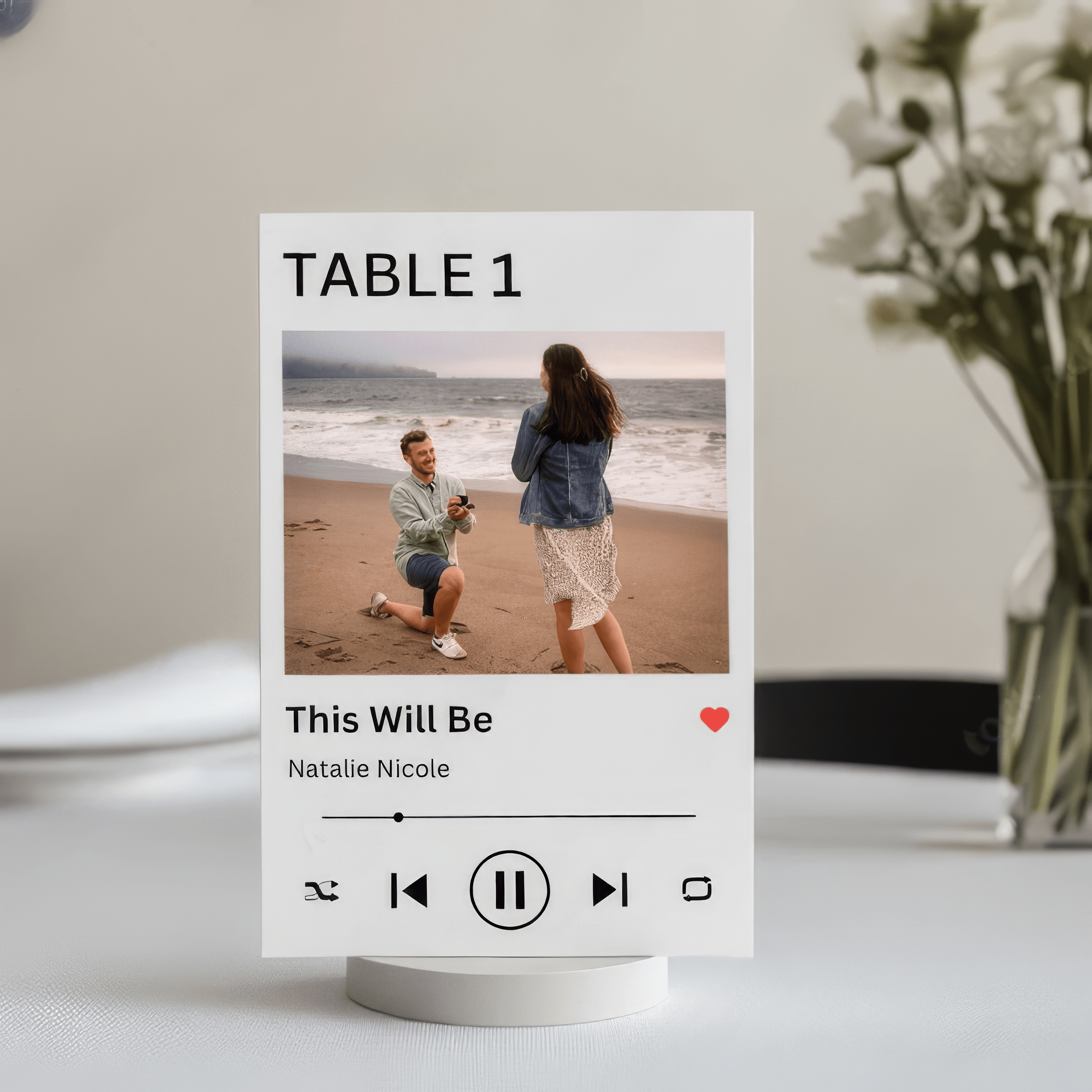 Personalized wedding table number with photo and "This Will Be" music design