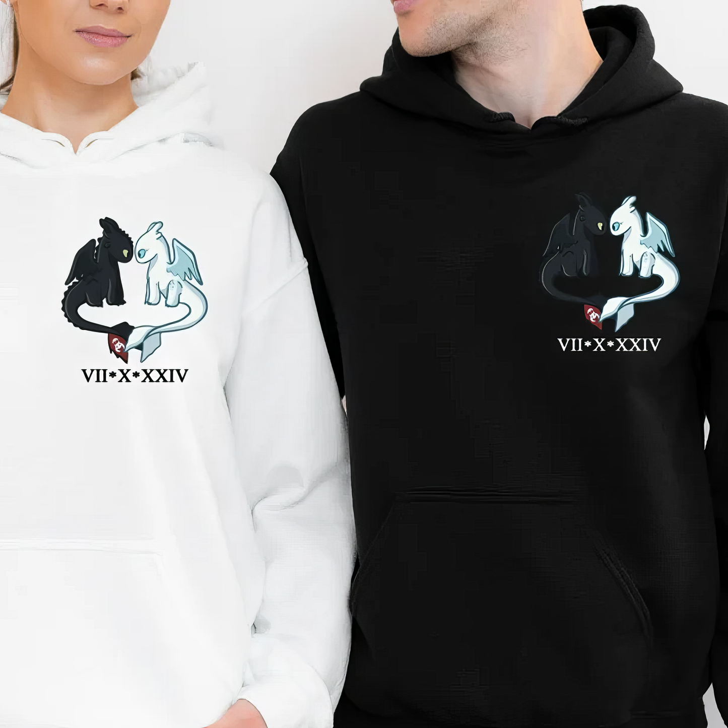 Matching Couple Hoodies - Toothless & Light Fury Custom Embroidered Couples Matching Hoodies 