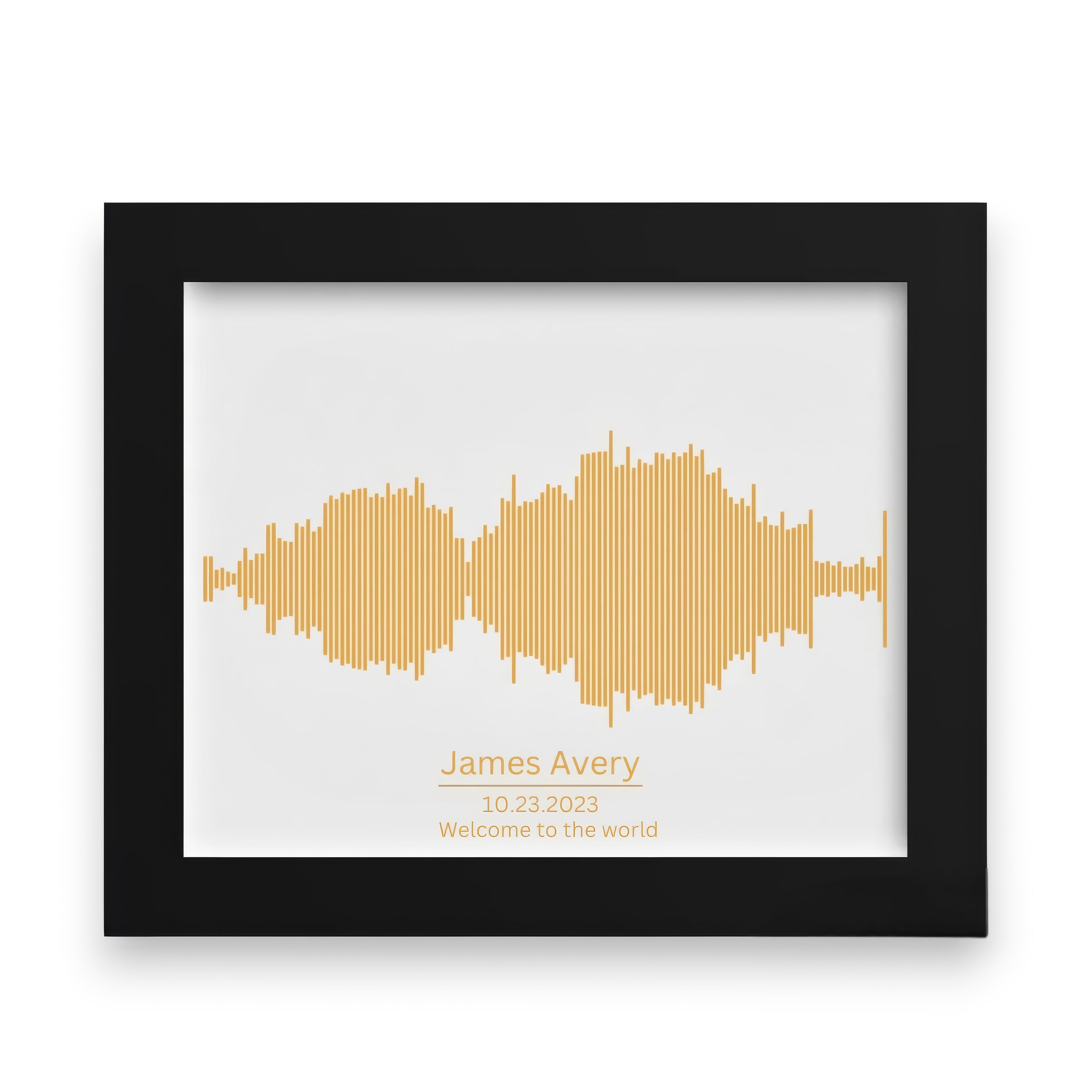 Custom audio waveform art print with personalized text.