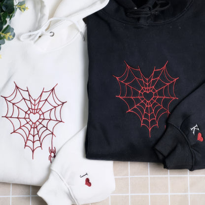 Matching Couple Hoodies - Custom Embroidered Spider Web Sweatshirts Unique Gift For Couples