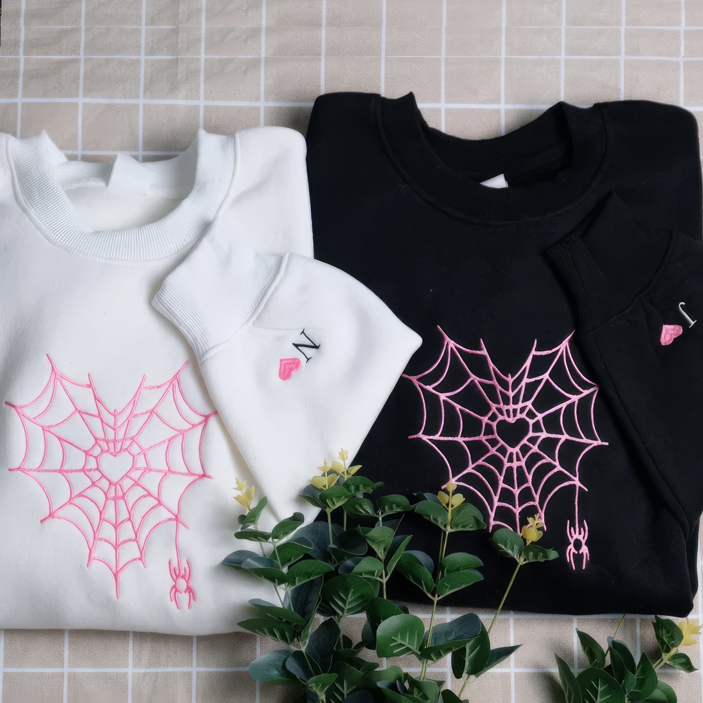 Matching Couple Hoodies - Custom Embroidered Spider Web Sweatshirts Unique Gift For Couples