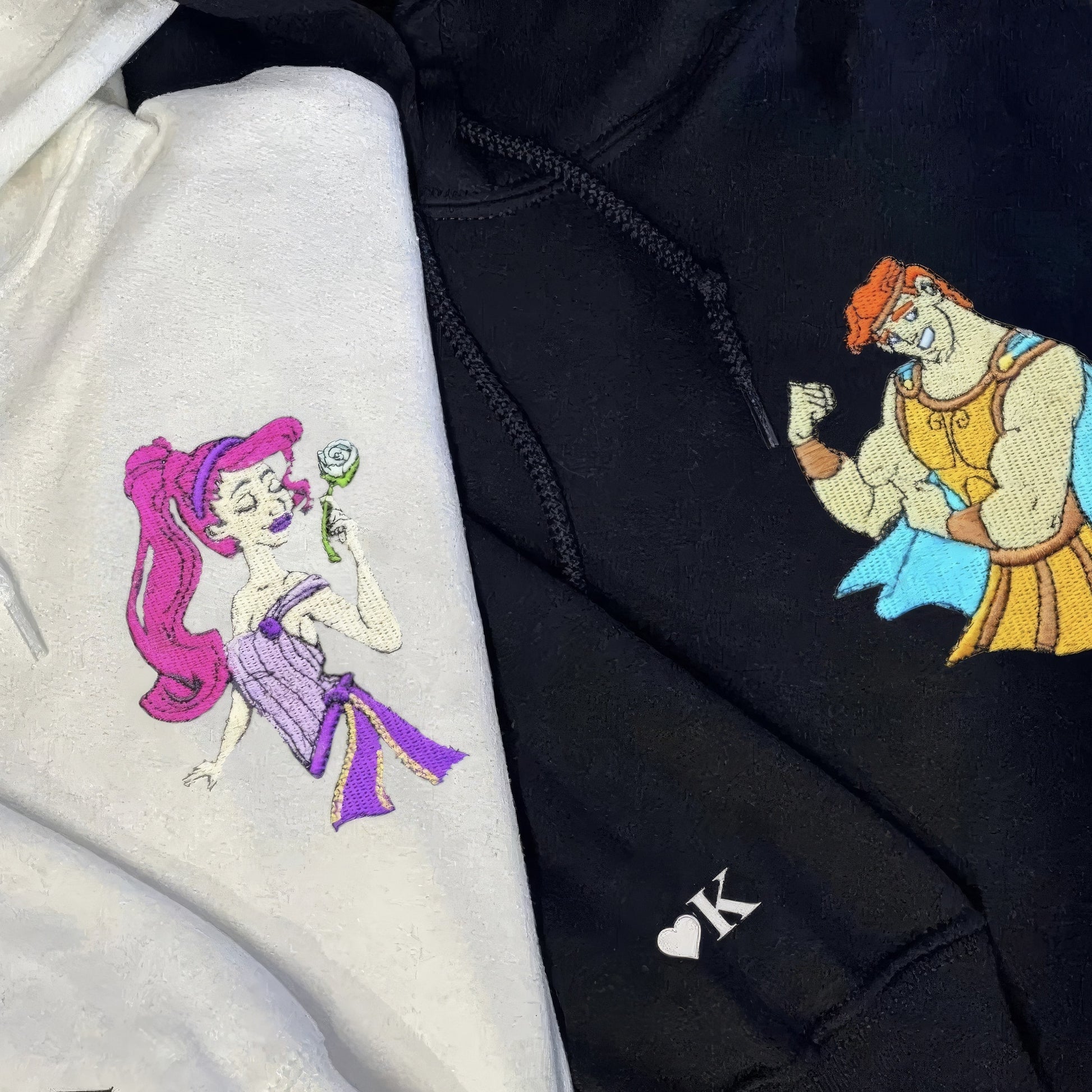 Matching Couple Hoodies with Hercules and Megara design, great as custom couple hoodies.
