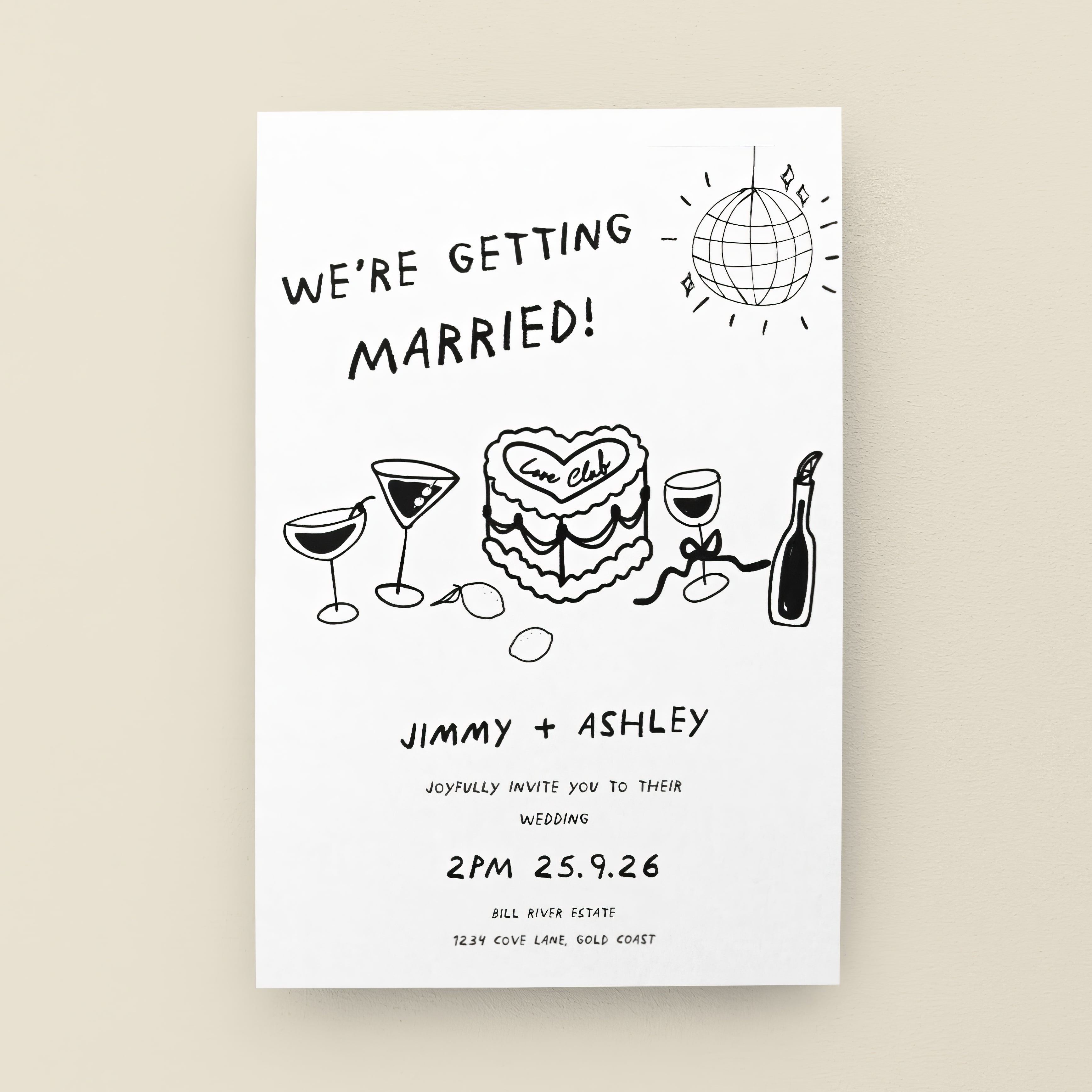 Black and white 'We’re Getting Married!' wedding invitation with playful graphics.