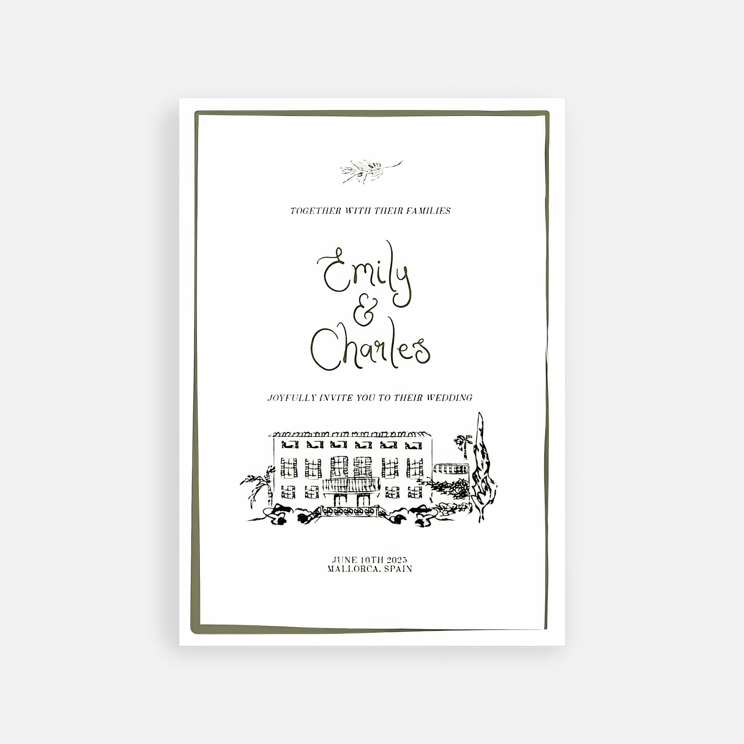 Hand-drawn wedding invitation with venue illustration and elegant script.