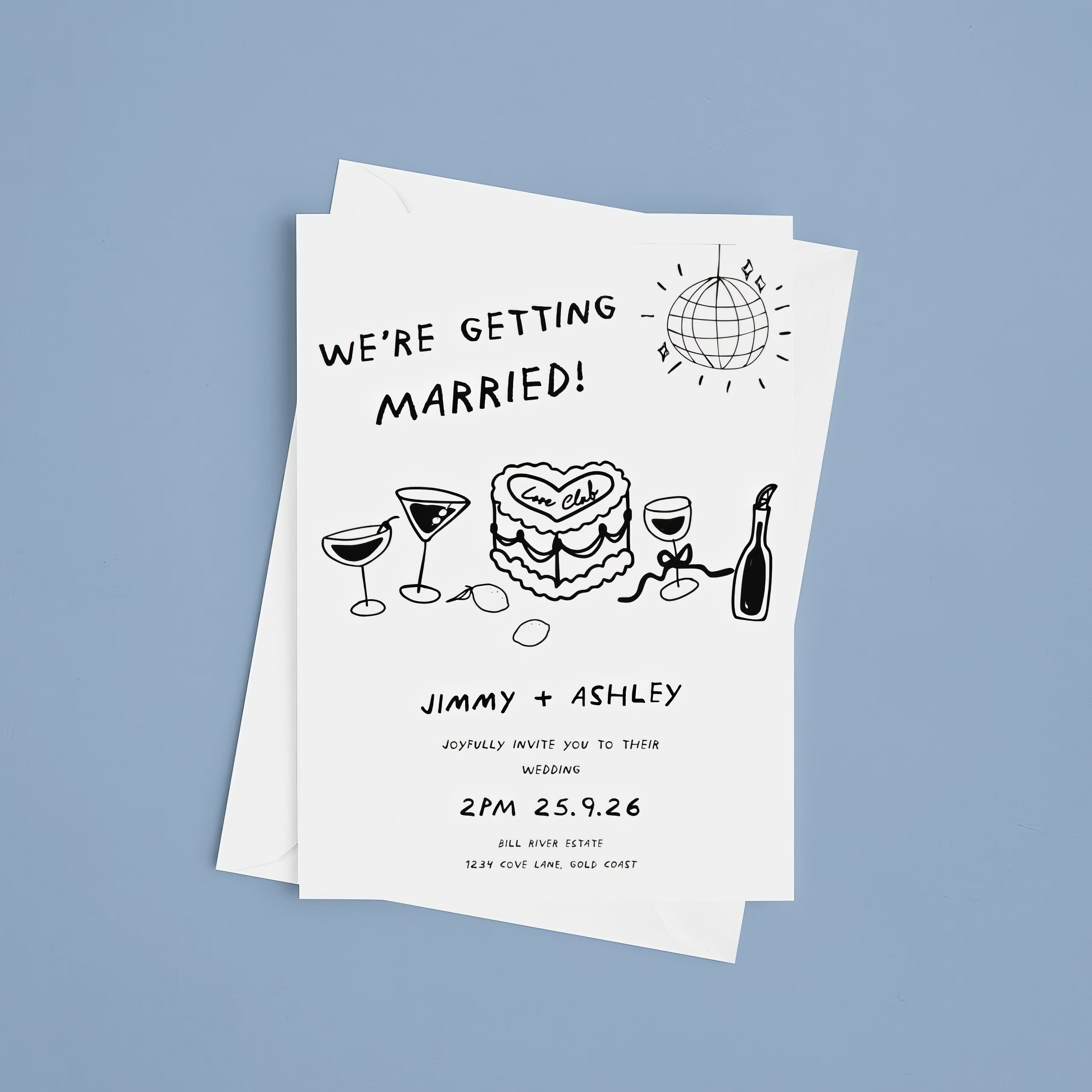 Wedding invite featuring vibrant cake and drinks illustrations.