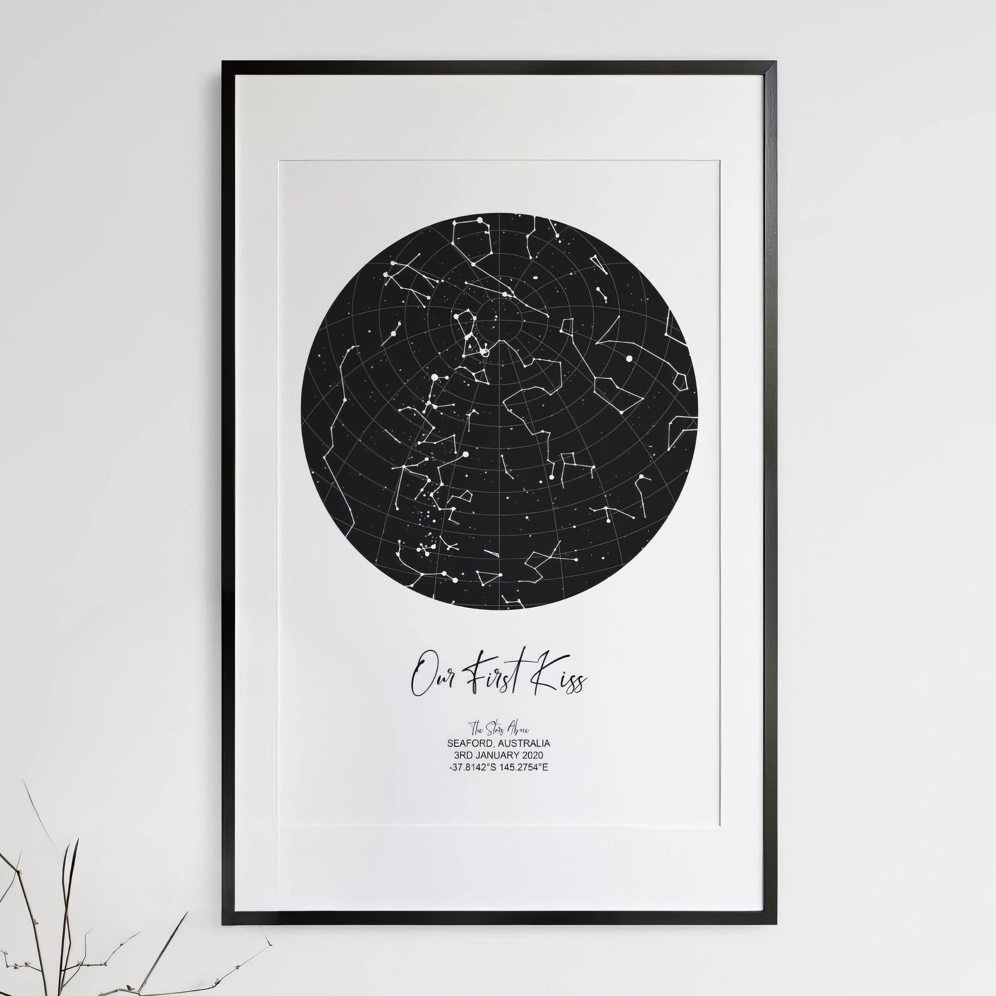 Custom star map wall art featuring constellations for first kiss with personalized details

