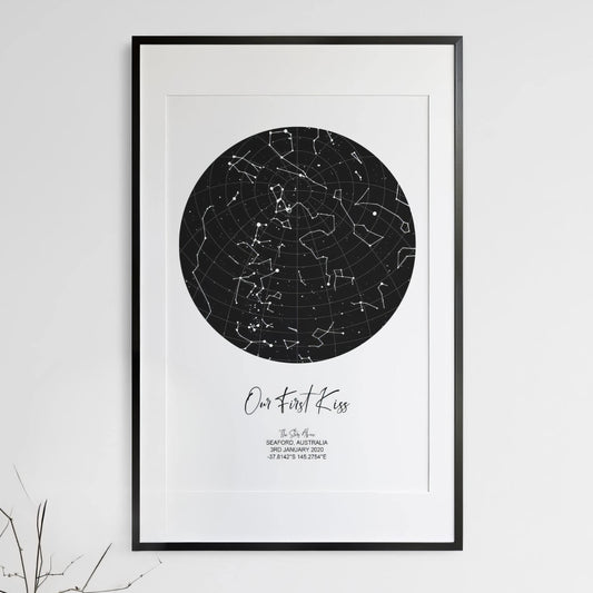 Custom star map wall art featuring constellations for first kiss with personalized details

