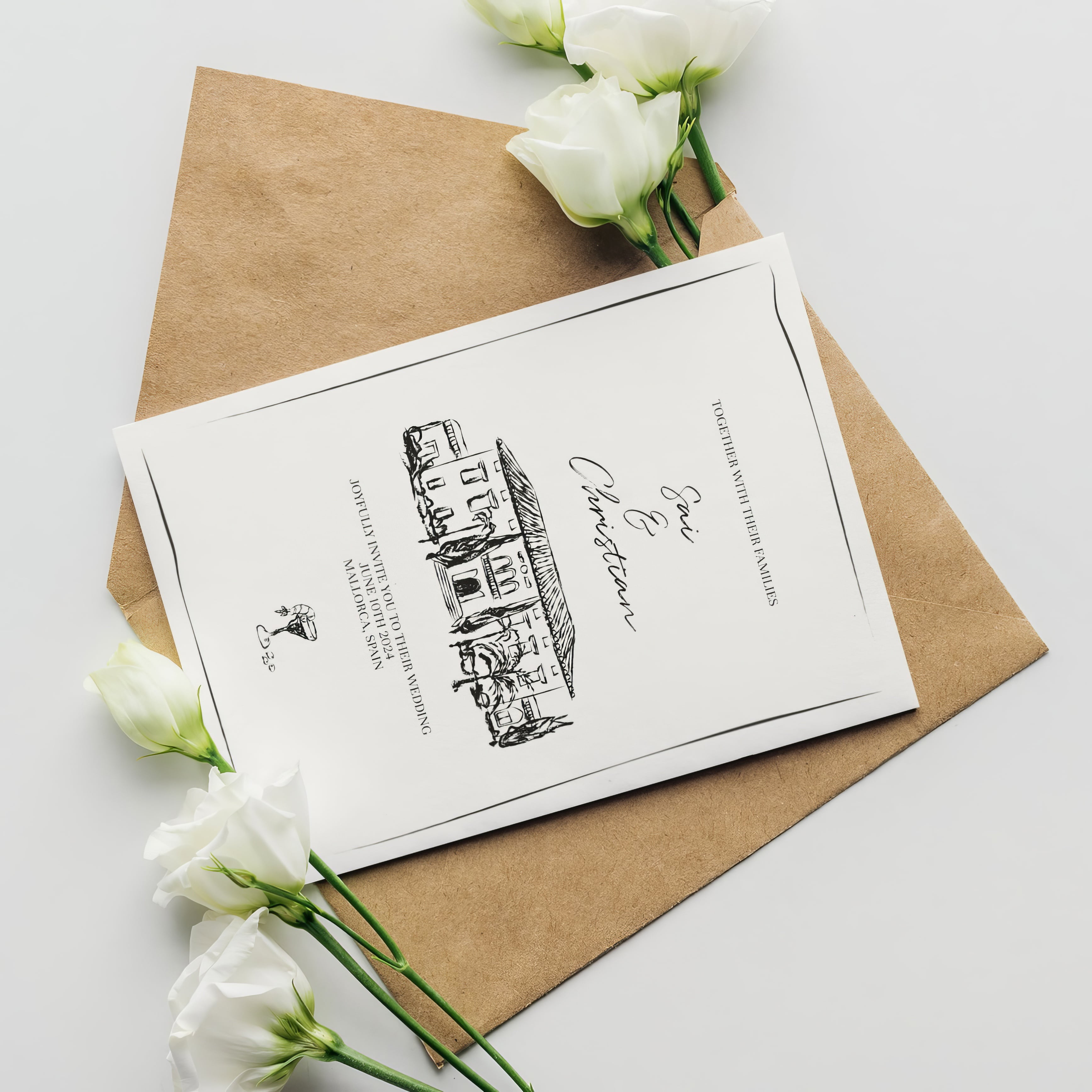 Wedding invitation featuring a detailed sketch of a venue and green accents.