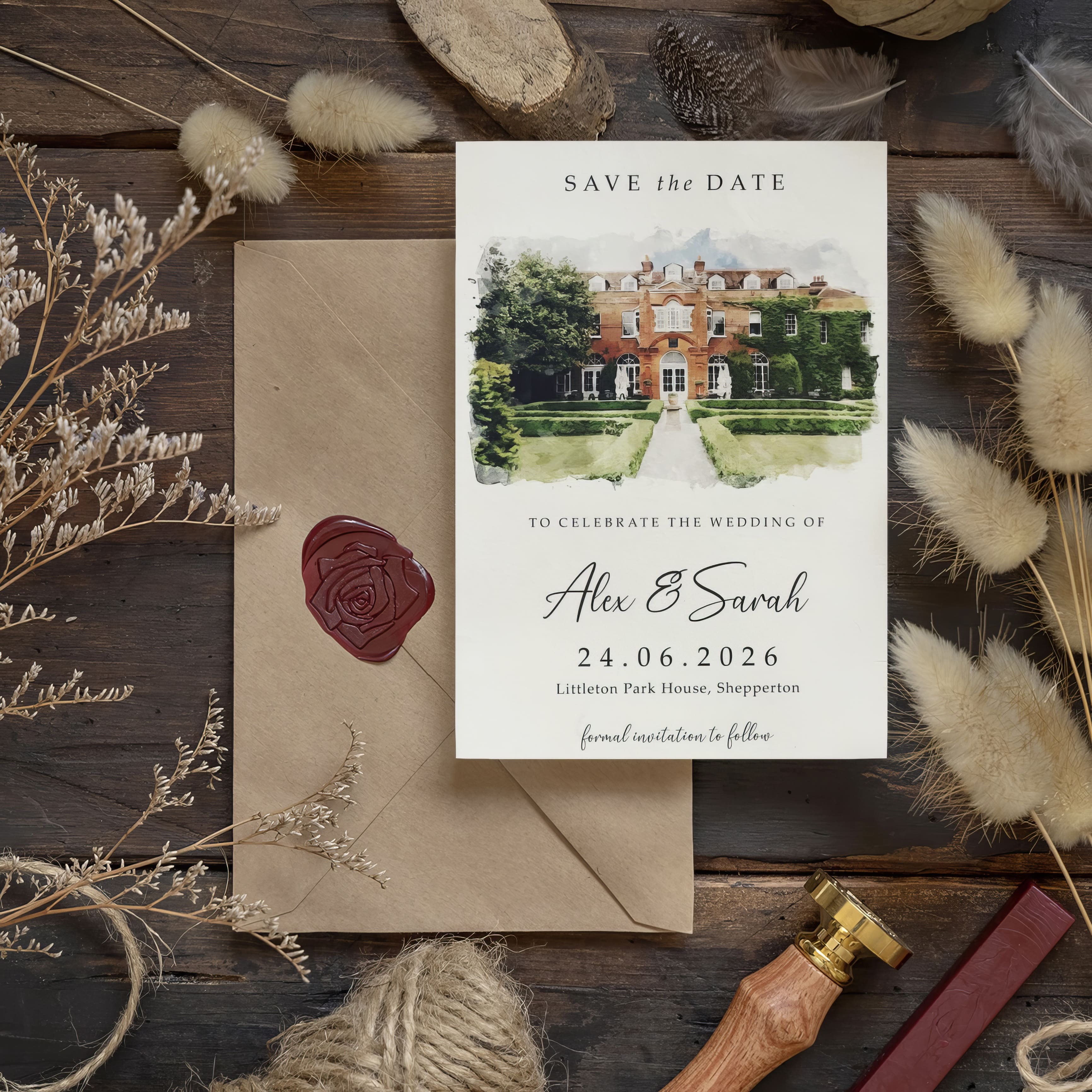 Elegant Save the Date wedding card with a watercolor mansion illustration