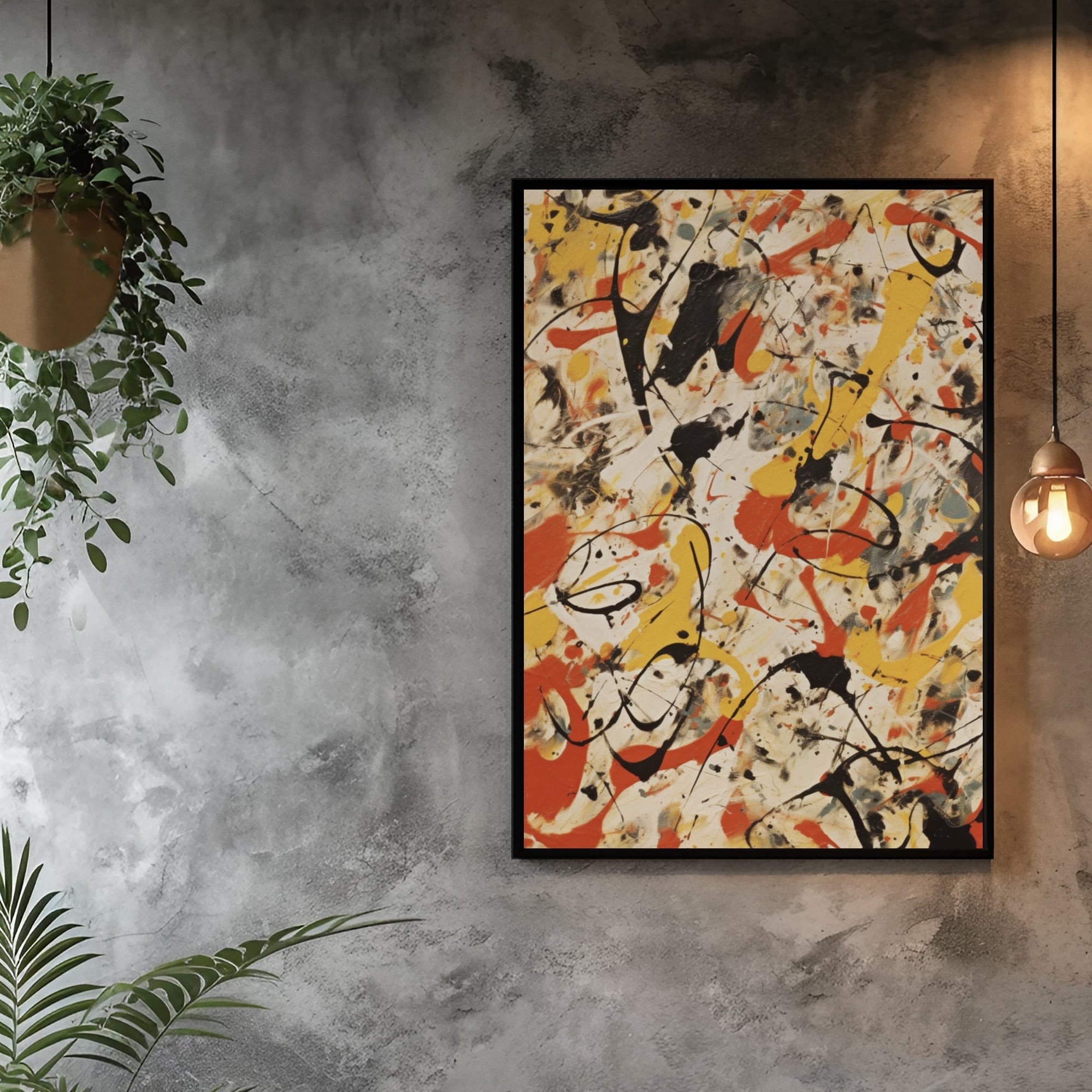 Abstract art print in yellow, red, and black for modern home decor