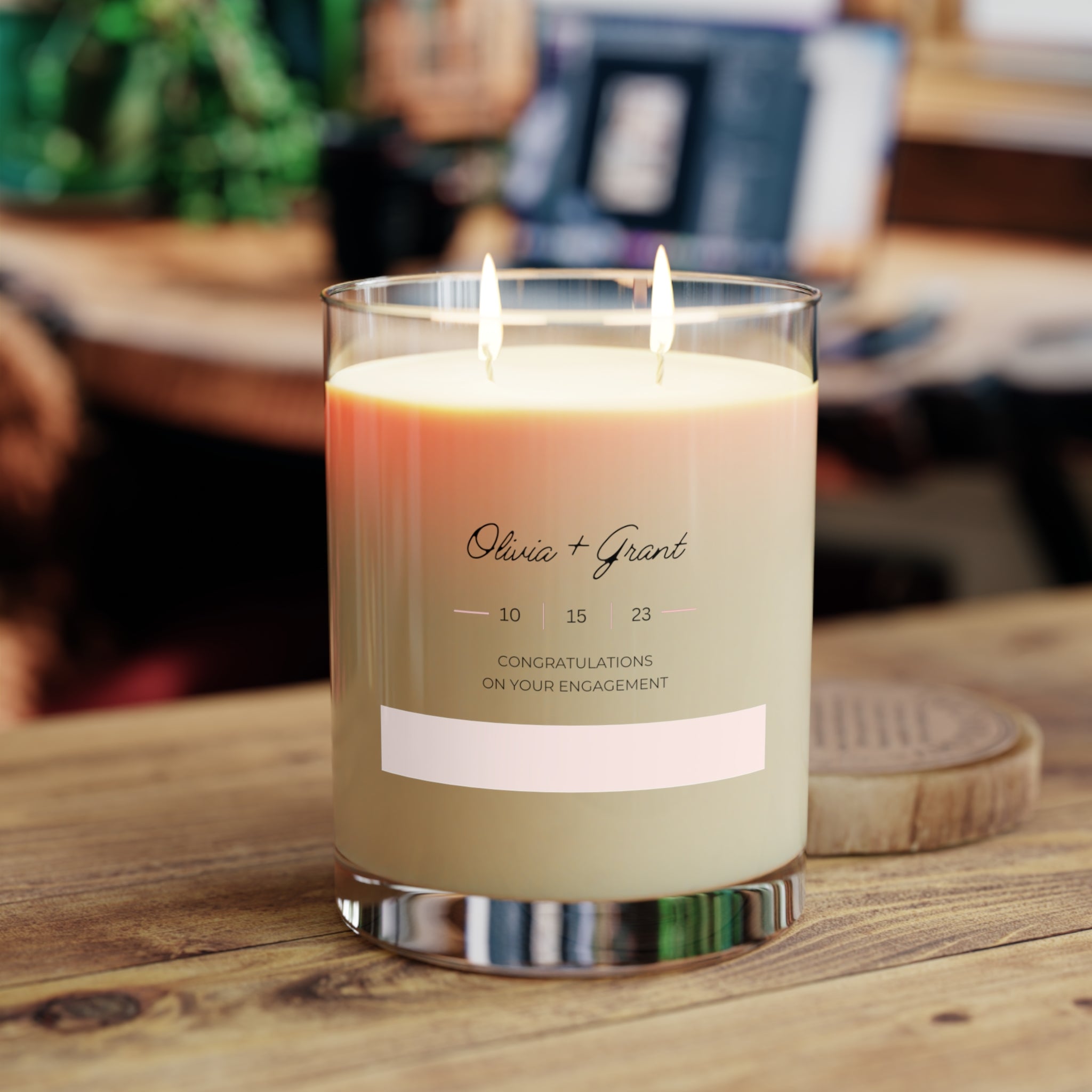 Custom 'Congratulations on Your Engagement' candle with dual wicks