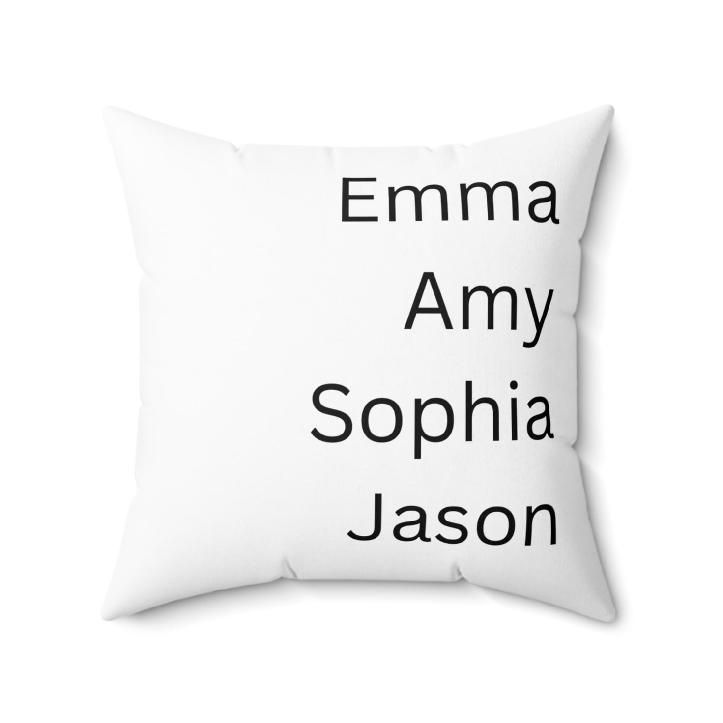 Custom family throw pillow with names Emma, Amy, Sophia, and Jason