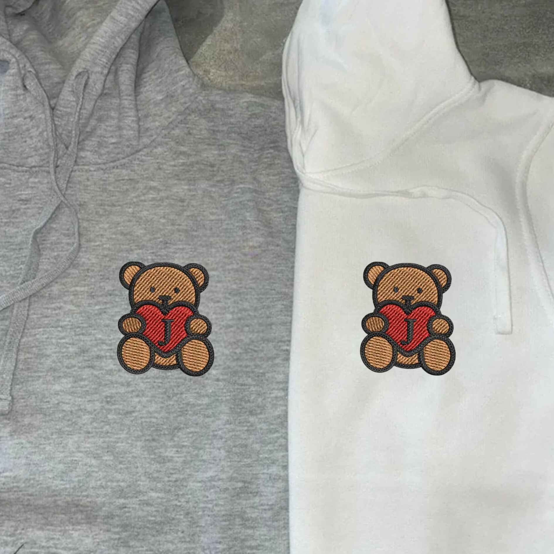 Matching teddy bear couple sweatshirts with heart embroidery and initials
