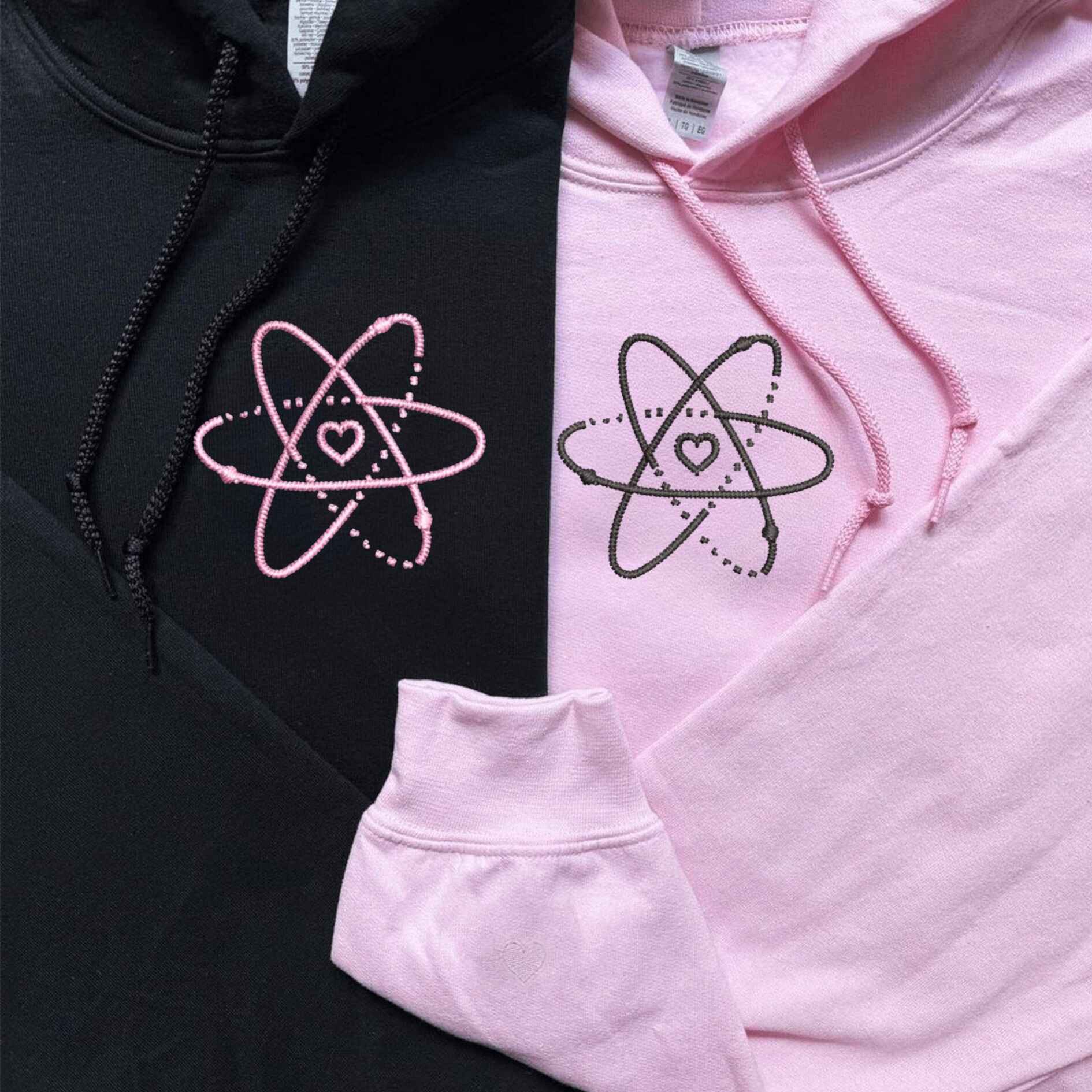 Couple hoodies with atomic heart embroidery and personalized initials
