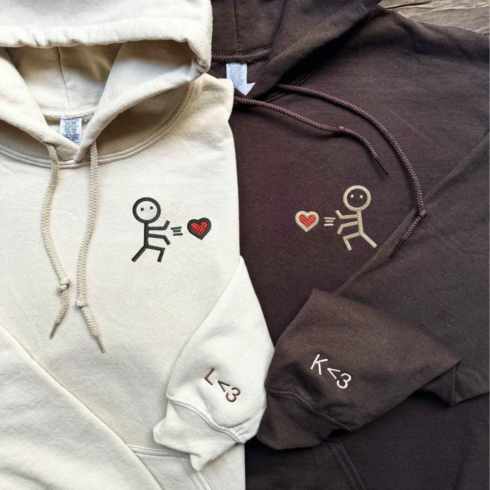 Stick figure heart embroidered couple hoodies in beige and brown
