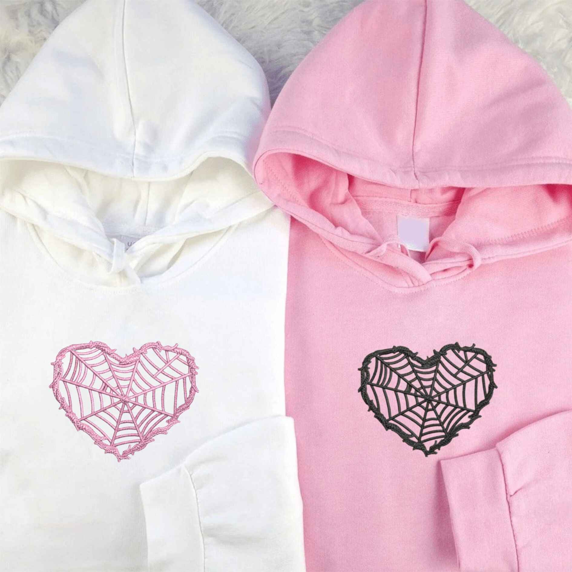 Couple hoodies with spider web heart embroidery and initials
