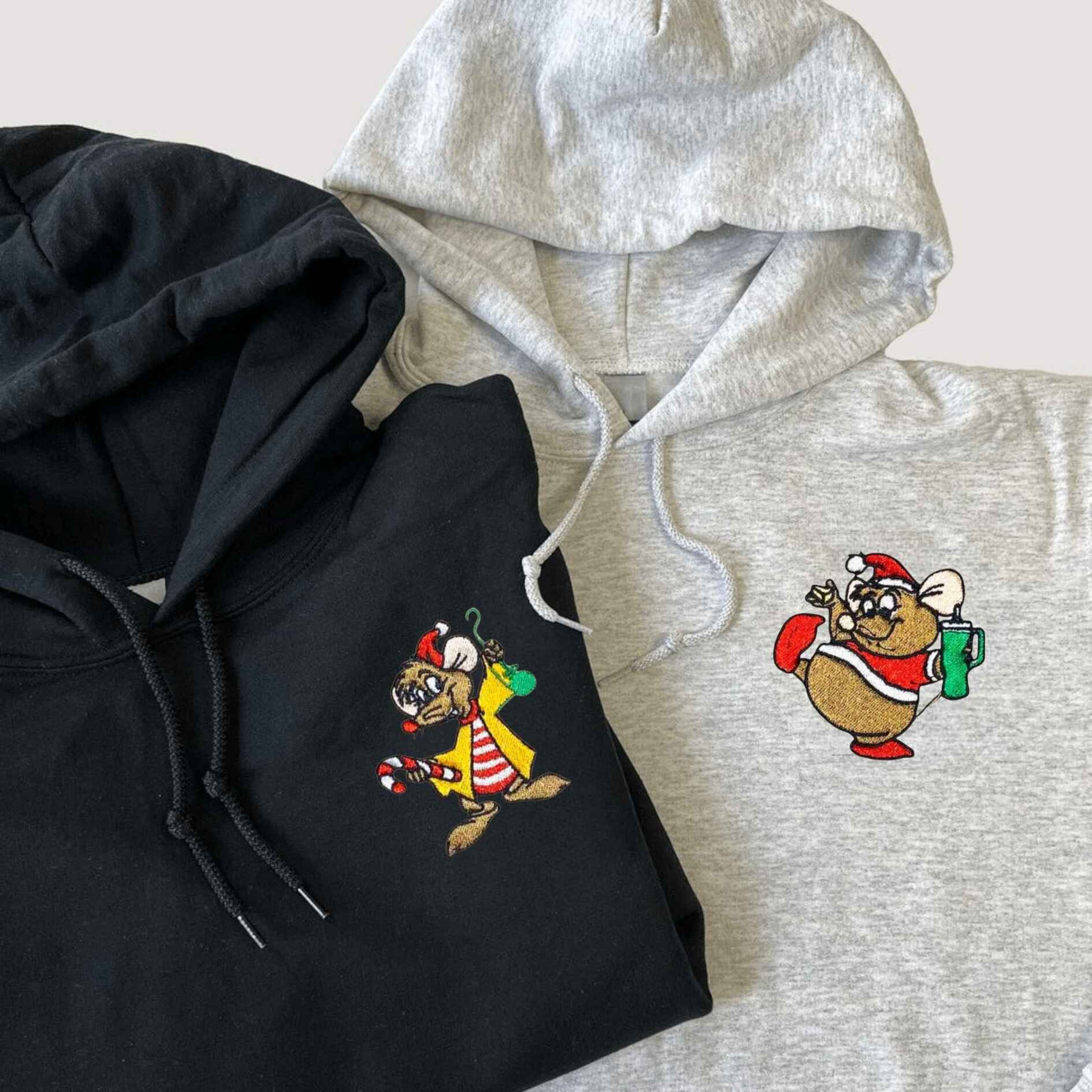 Holiday-themed sweatshirts for couples featuring festive mouse designs and initials
