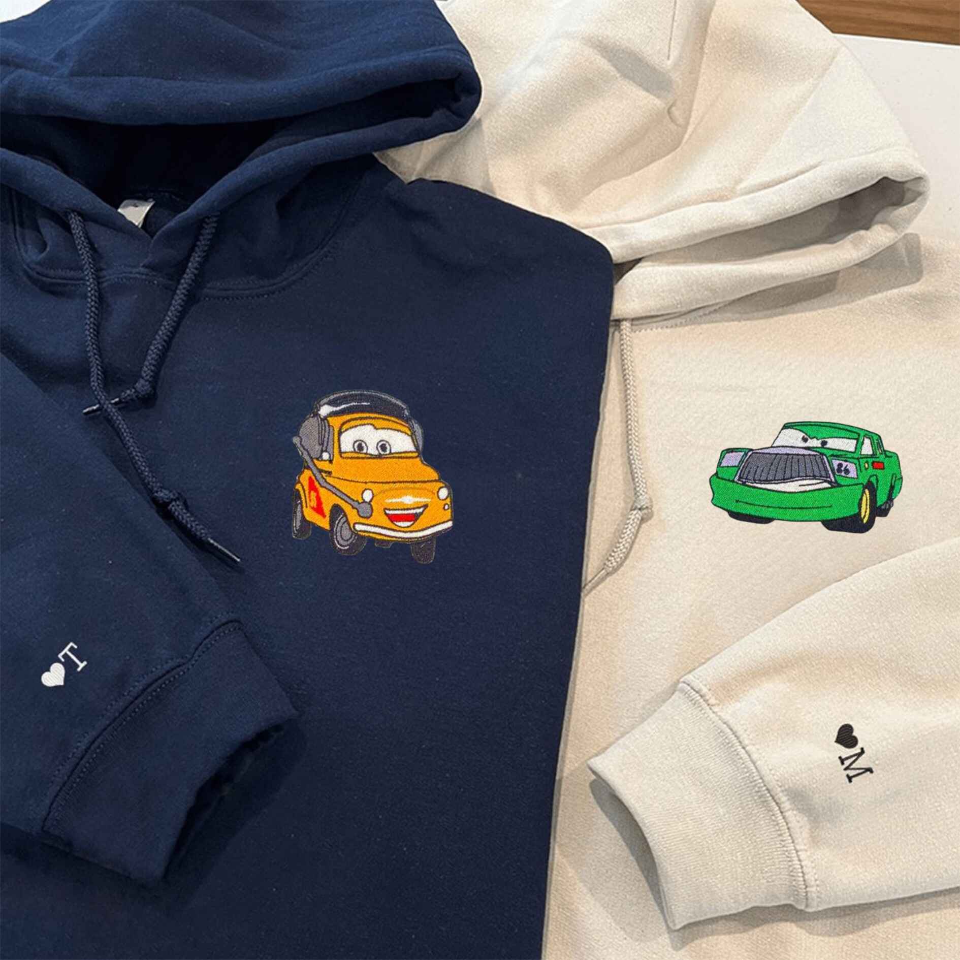 Fun matching hoodies with car characters in yellow and green
