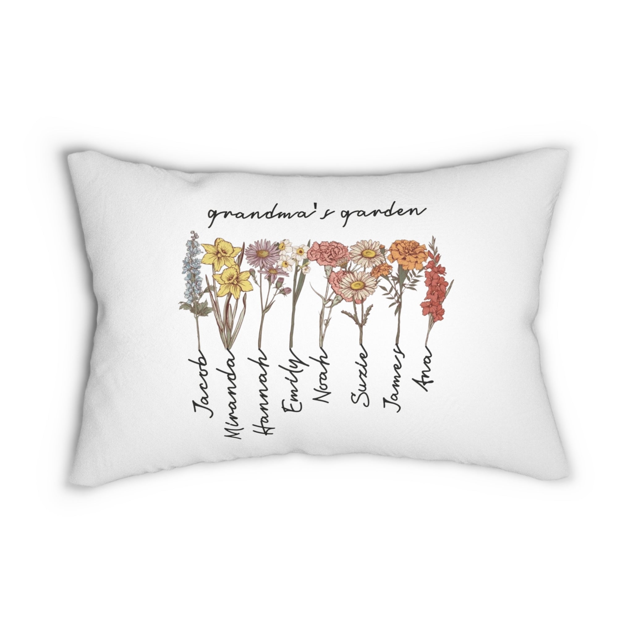 Comfortable Grandma's Garden floral pillow with custom text