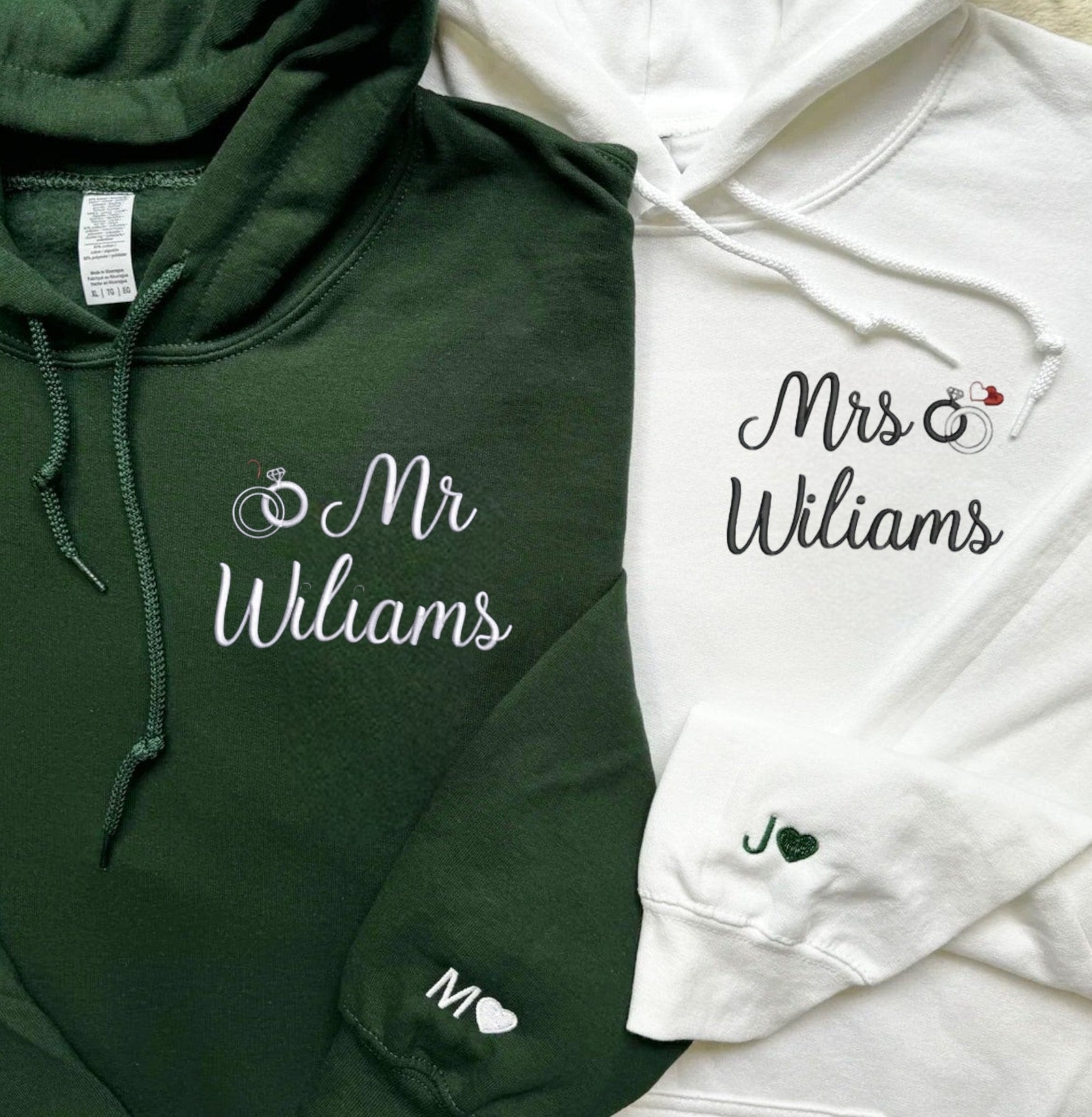 Romantic Mr. & Mrs. Couple Hoodies with symbolic ring designs and personalized embroidery.