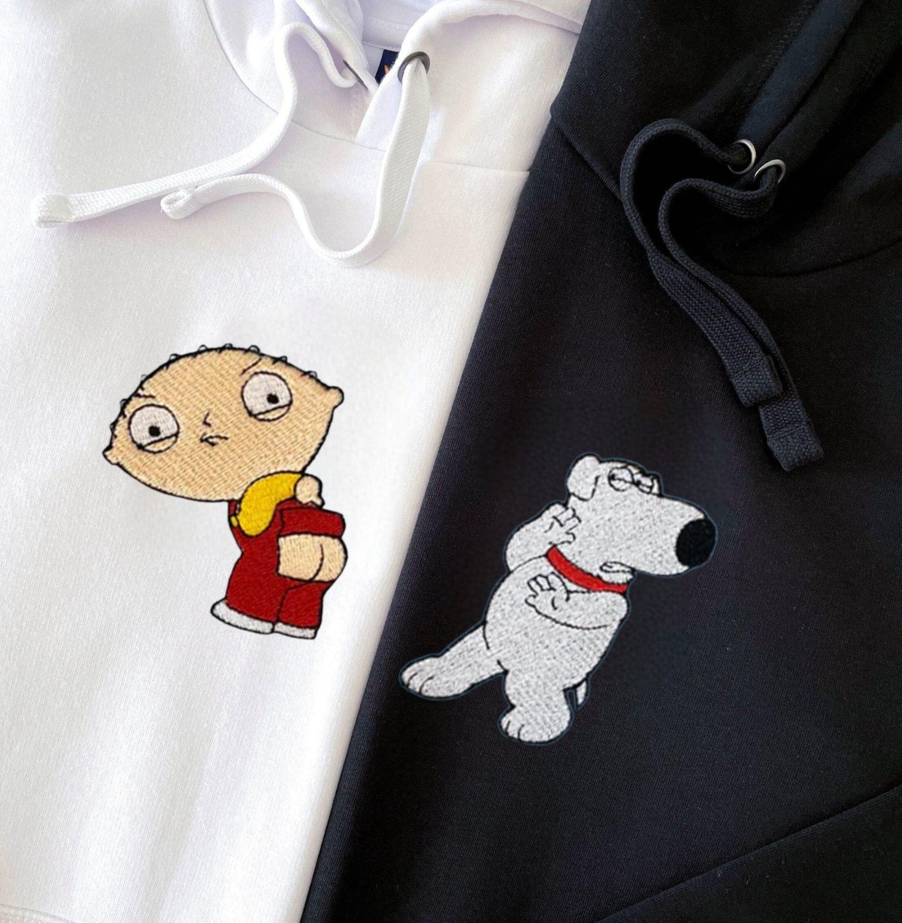 Cartoon Characters Couple Hoodies featuring mischievous and witty embroidered designs.