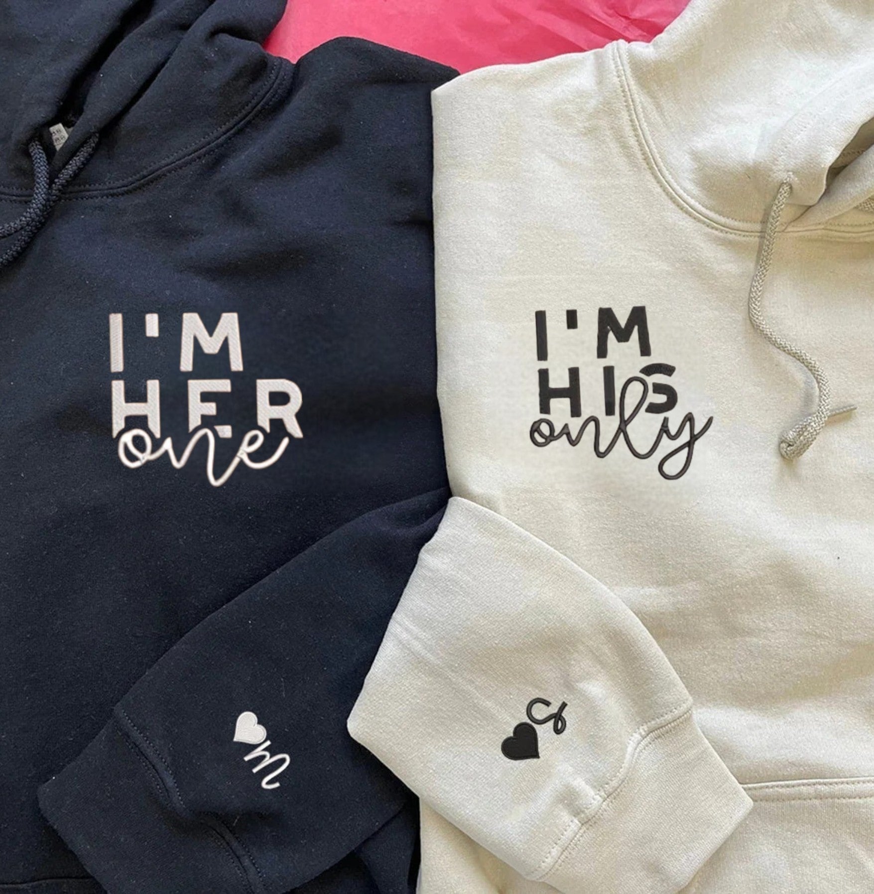 I’m His Only & I’m Her One Couple Sweatshirts with bold typography and heart details.