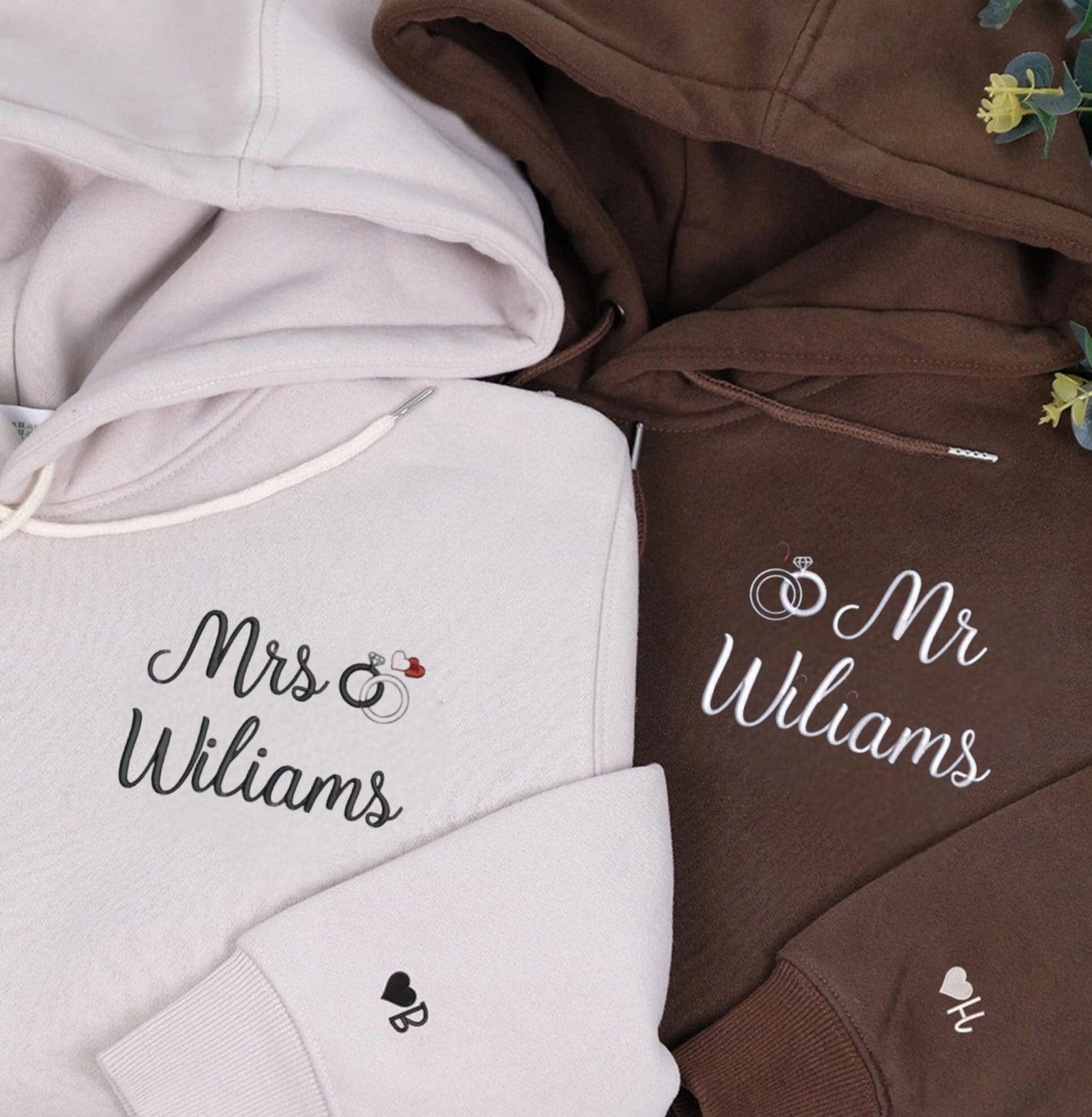 Mr. & Mrs. Couple Hoodies with elegant ring design and personalized cuffs.