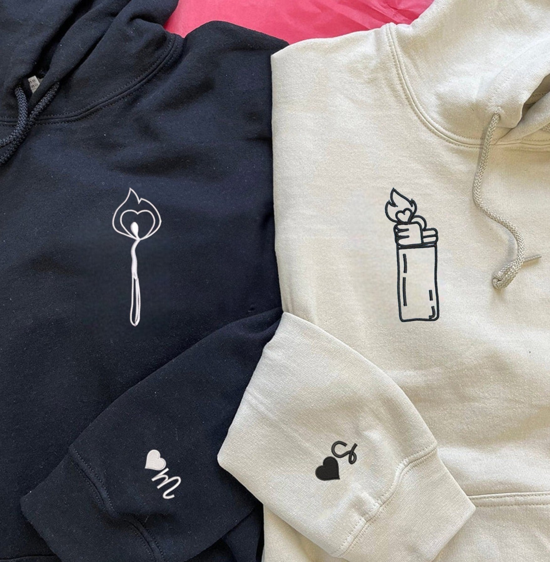 Soft and comfortable hoodies for couples with modern flame-inspired embroidery.