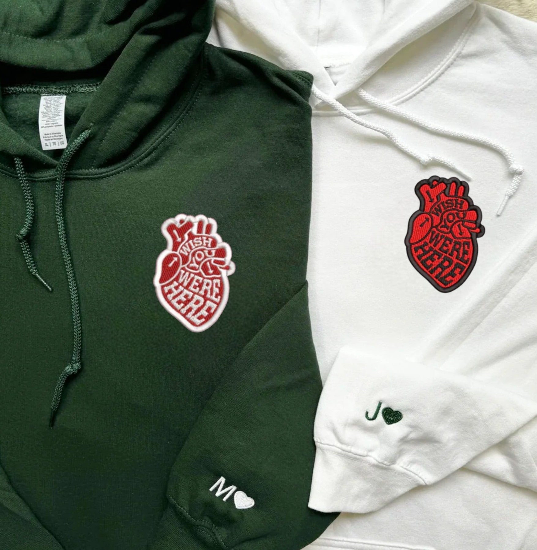 Couple sweatshirts with meaningful anatomical heart embroidery for long-distance relationships.