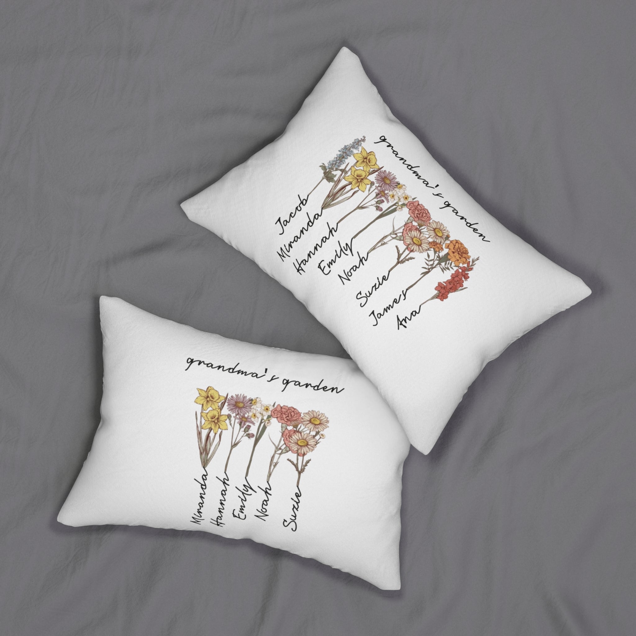 Personalized Grandma's Garden pillow on a couch