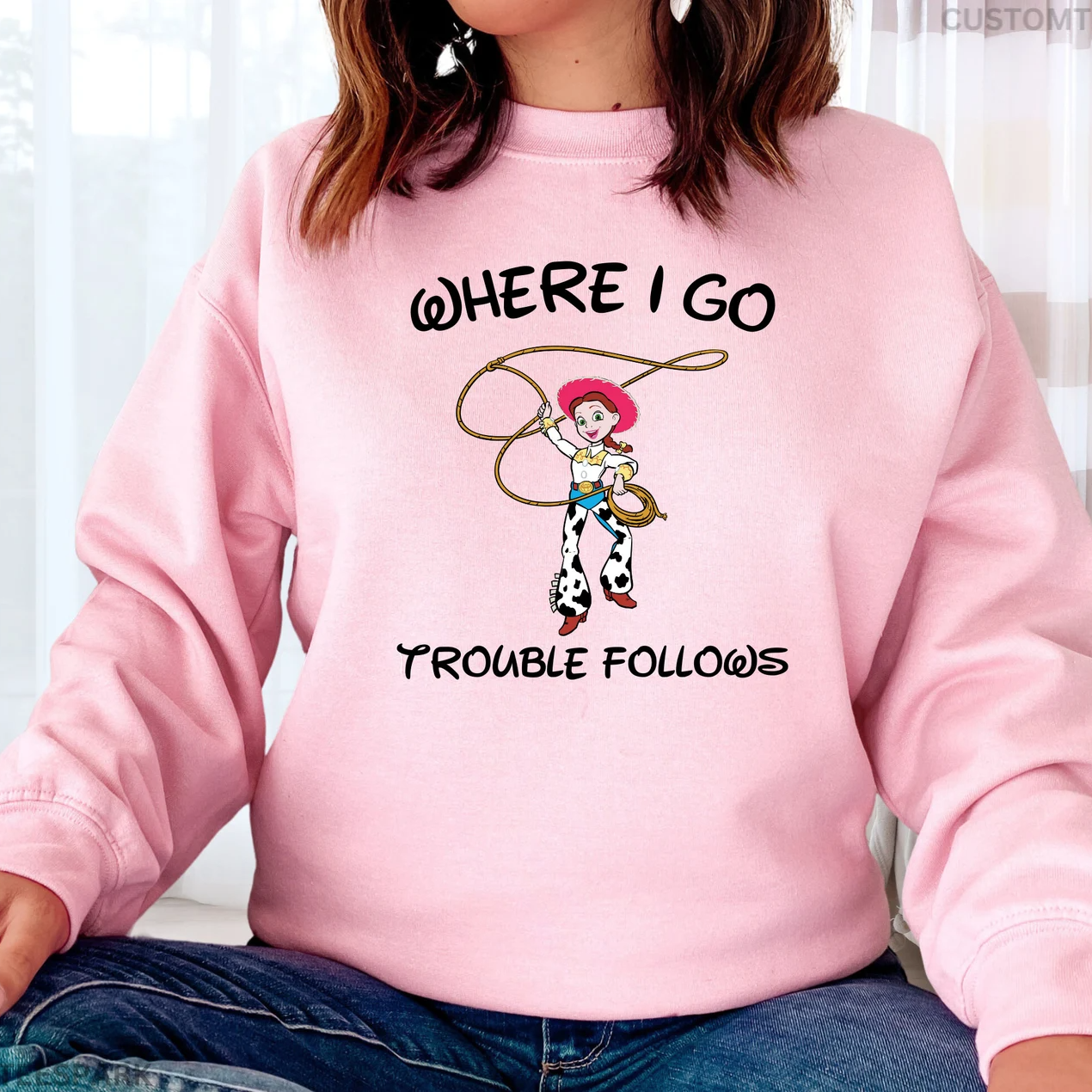 "Trouble & Trouble Follows" themed sweatshirts for adventurous partners.