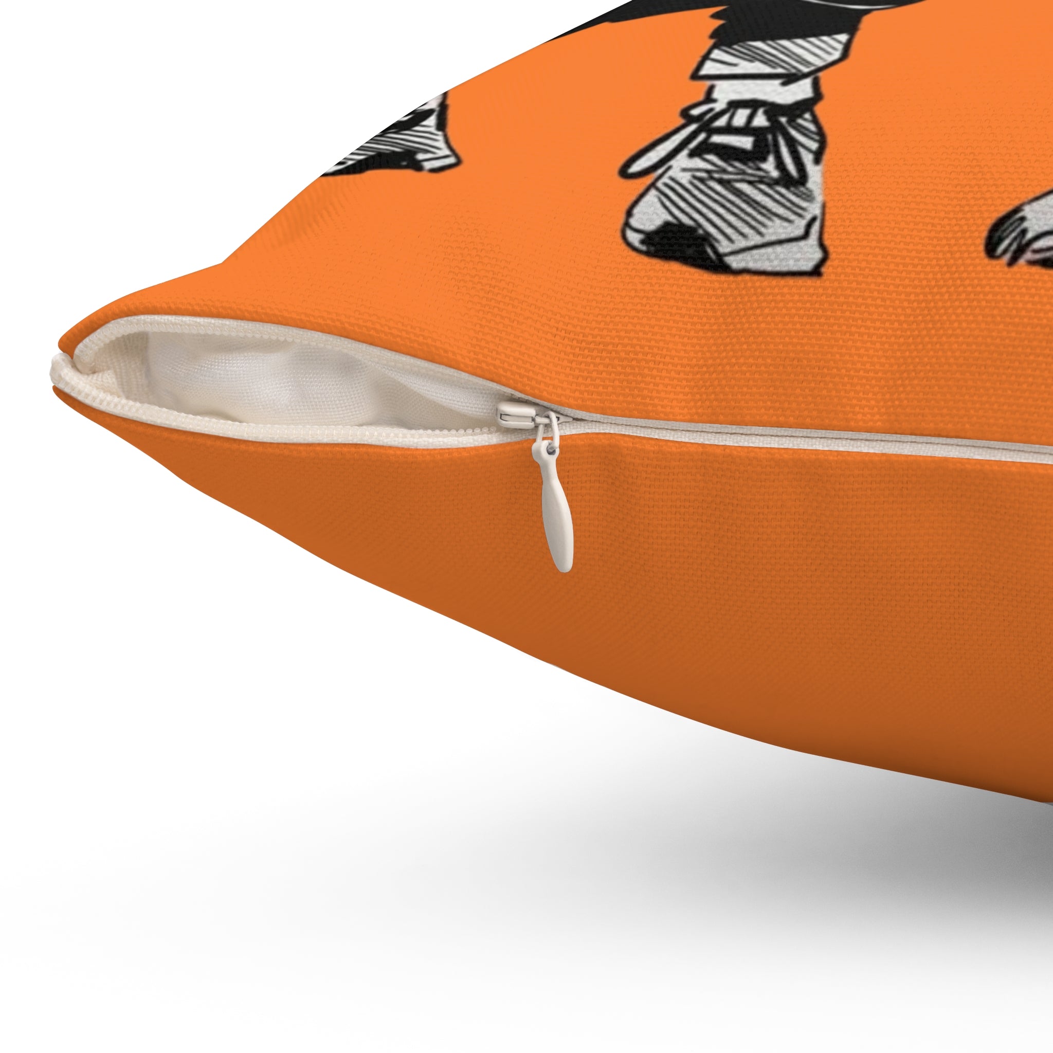 Close-up of zipper on orange custom pet pillow