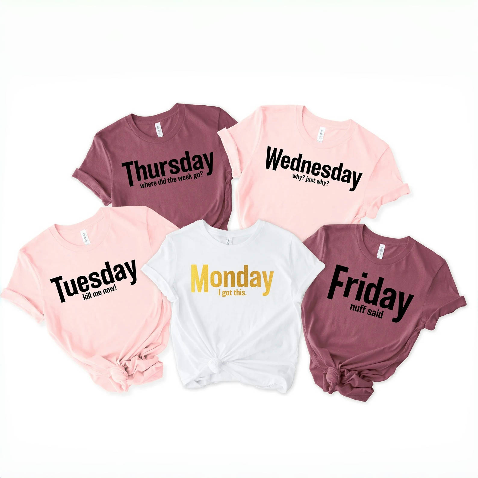 Five vibrant and playful Days of the Week shirts featuring motivational and funny quotes for Monday through Friday