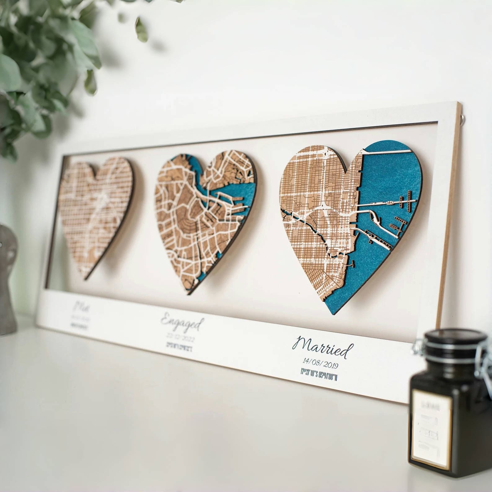 Elegant heart-shaped map art for couples, featuring custom locations and dates.
