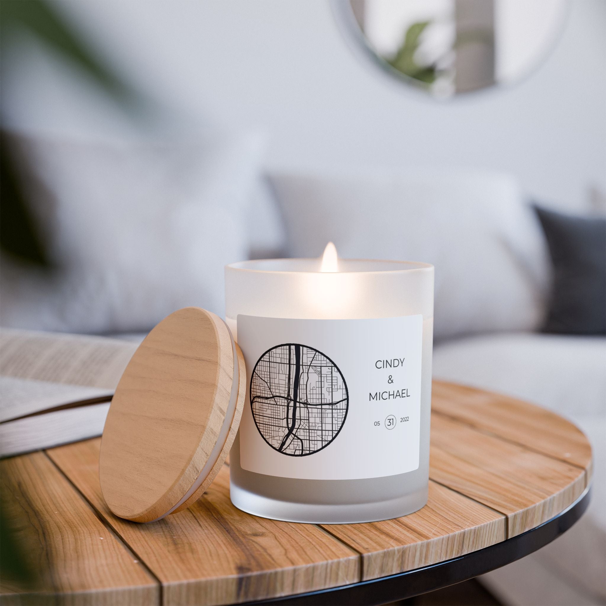 Personalized custom map candle with wooden lid