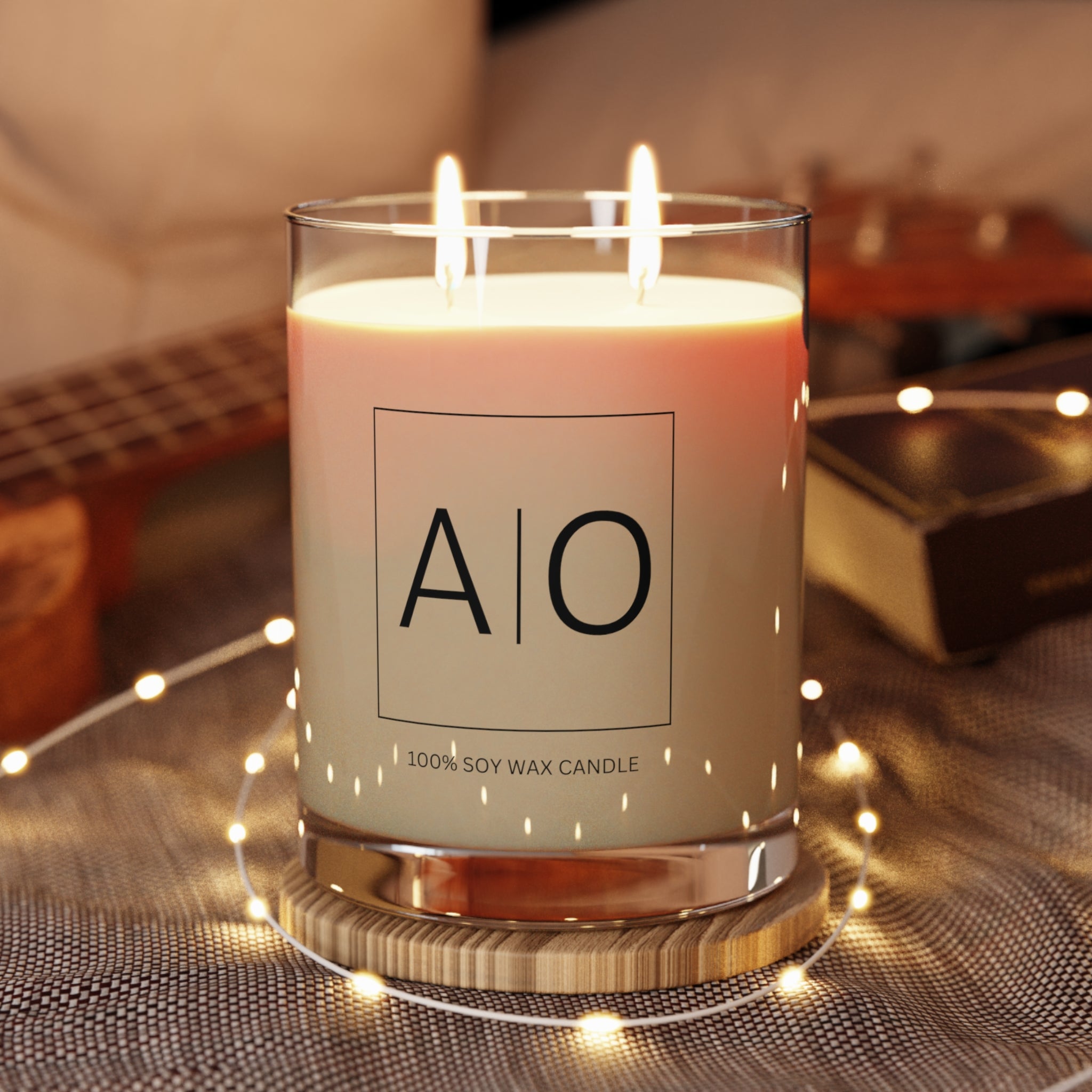 Personalized 'A|O' candle with dual wicks for long-lasting burn