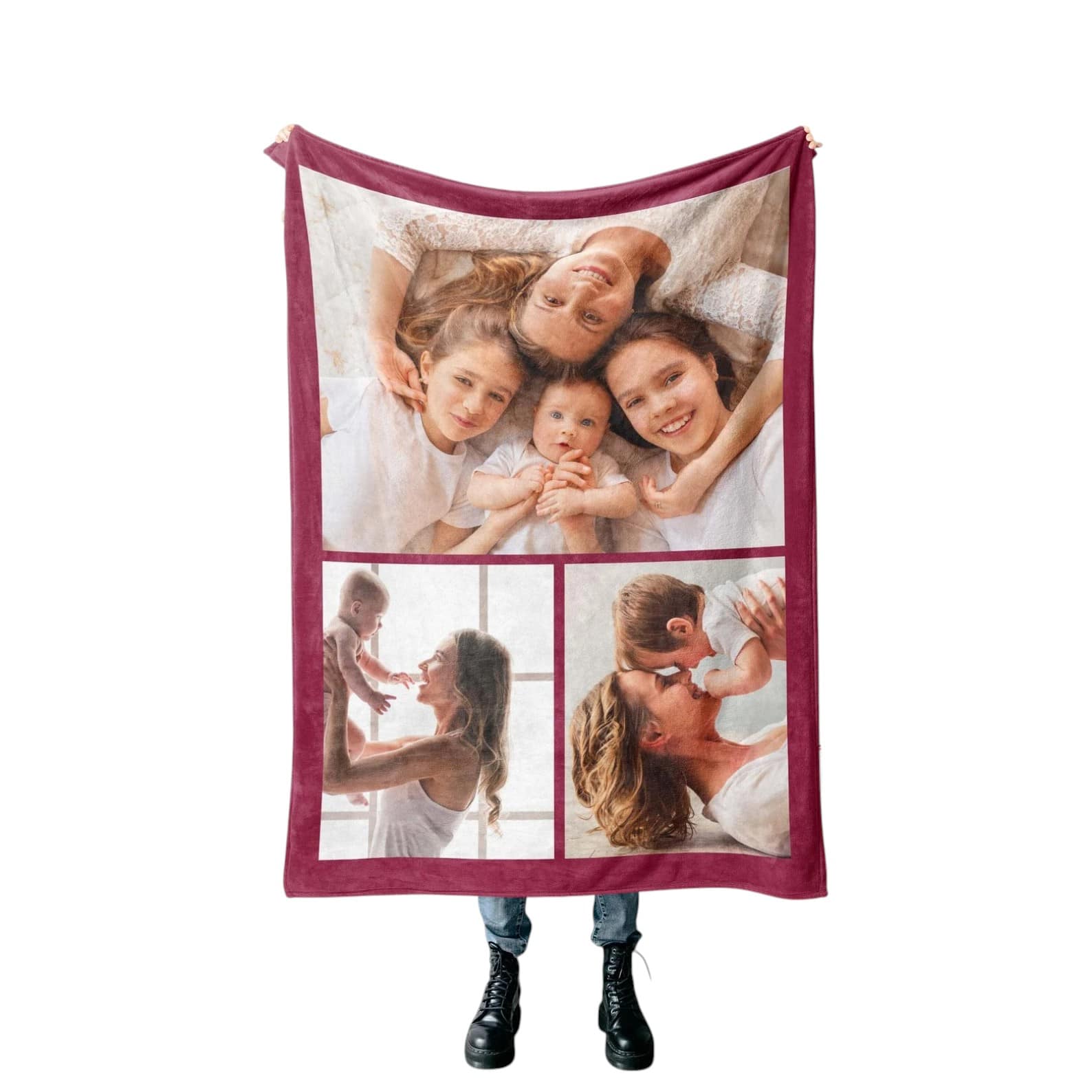 Vividly printed family photo blanket with bright pink border.